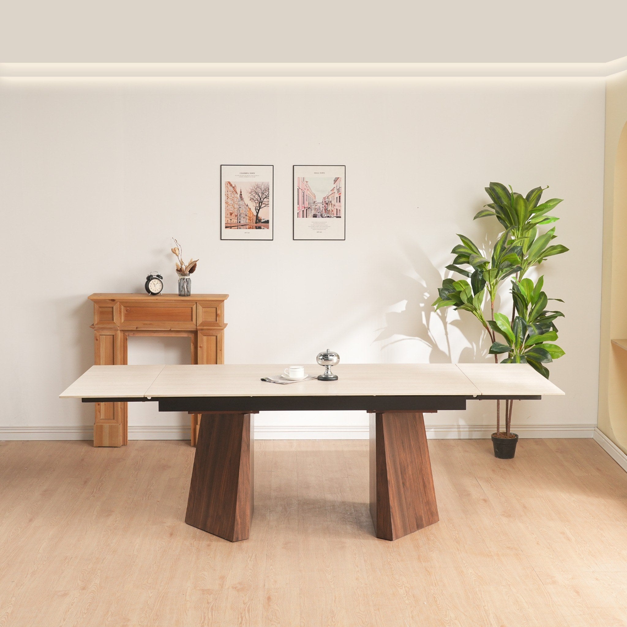 שולחן פינת אוכל נפתח בעיצוב טרוונטין עם רגליים בצבע אגוז 160-240*90 ס"מ PAROS