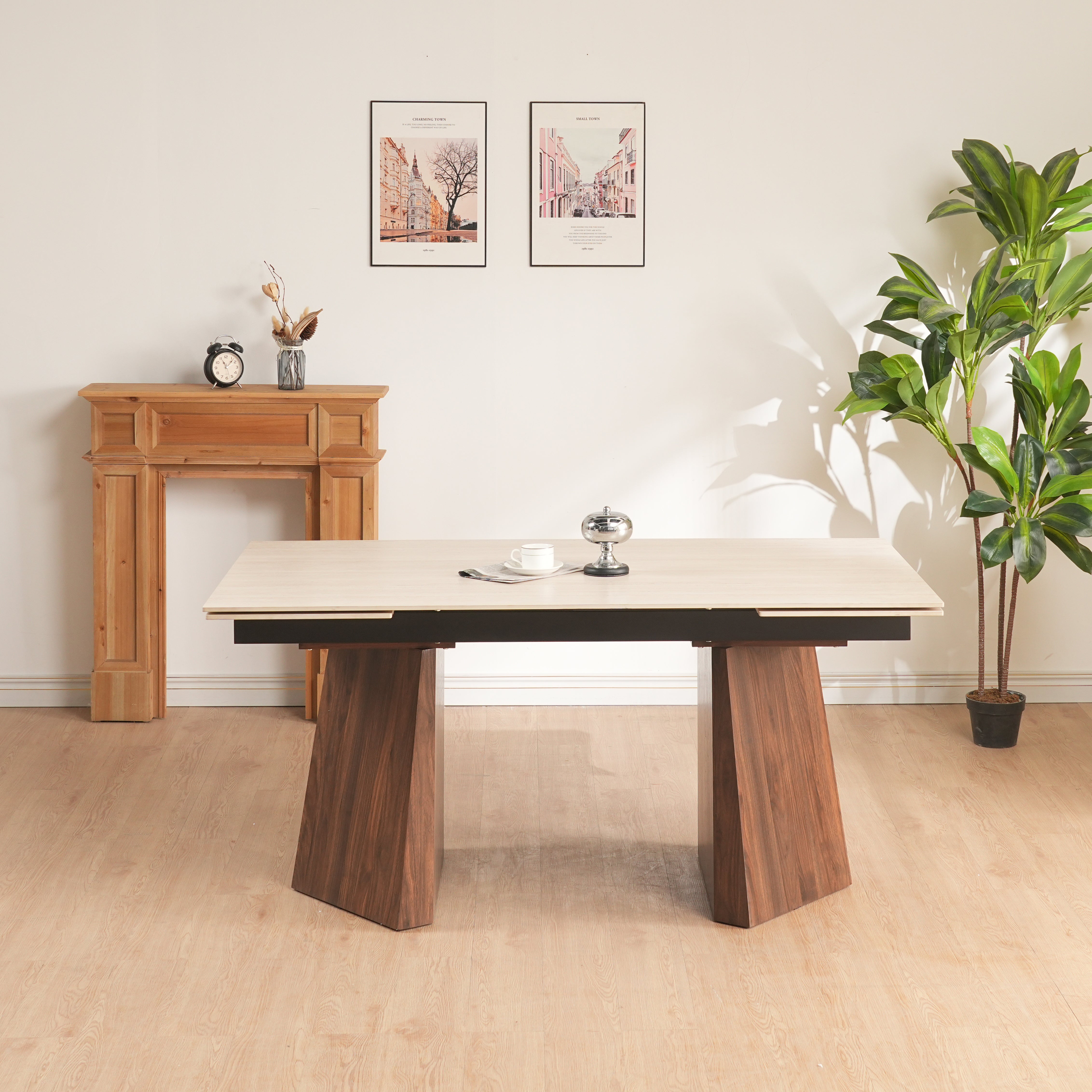 שולחן פינת אוכל נפתח בעיצוב טרוונטין עם רגליים בצבע אגוז 160-240*90 ס"מ PAROS