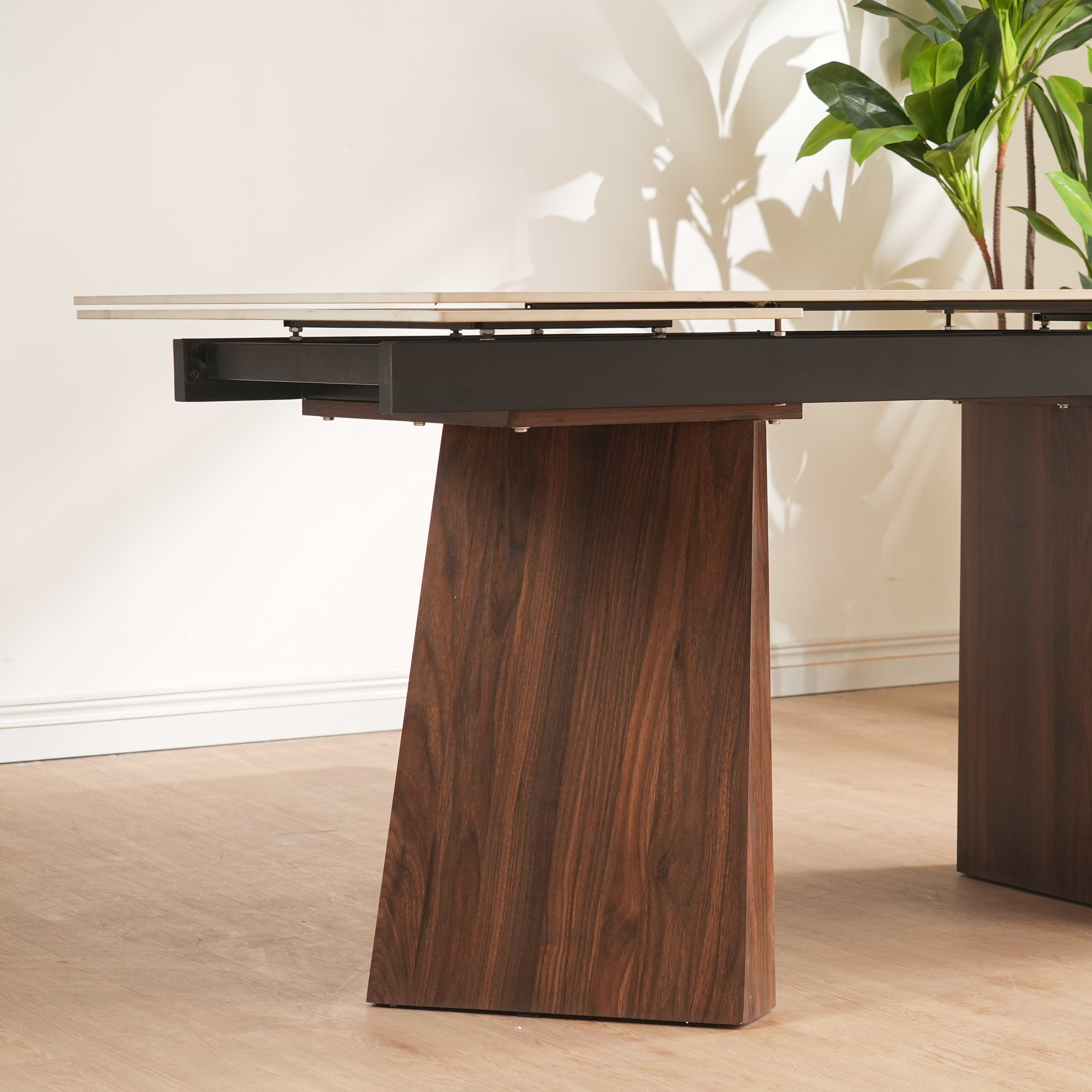 פינת אוכל שולחן מלבני נפתח טרוורטין עם רגליים בצבע אגוז 160-240*90 ס"מ PAROS ו4 כיסאות חול בשילוב רגל דמוי אגוז דגם CELIO