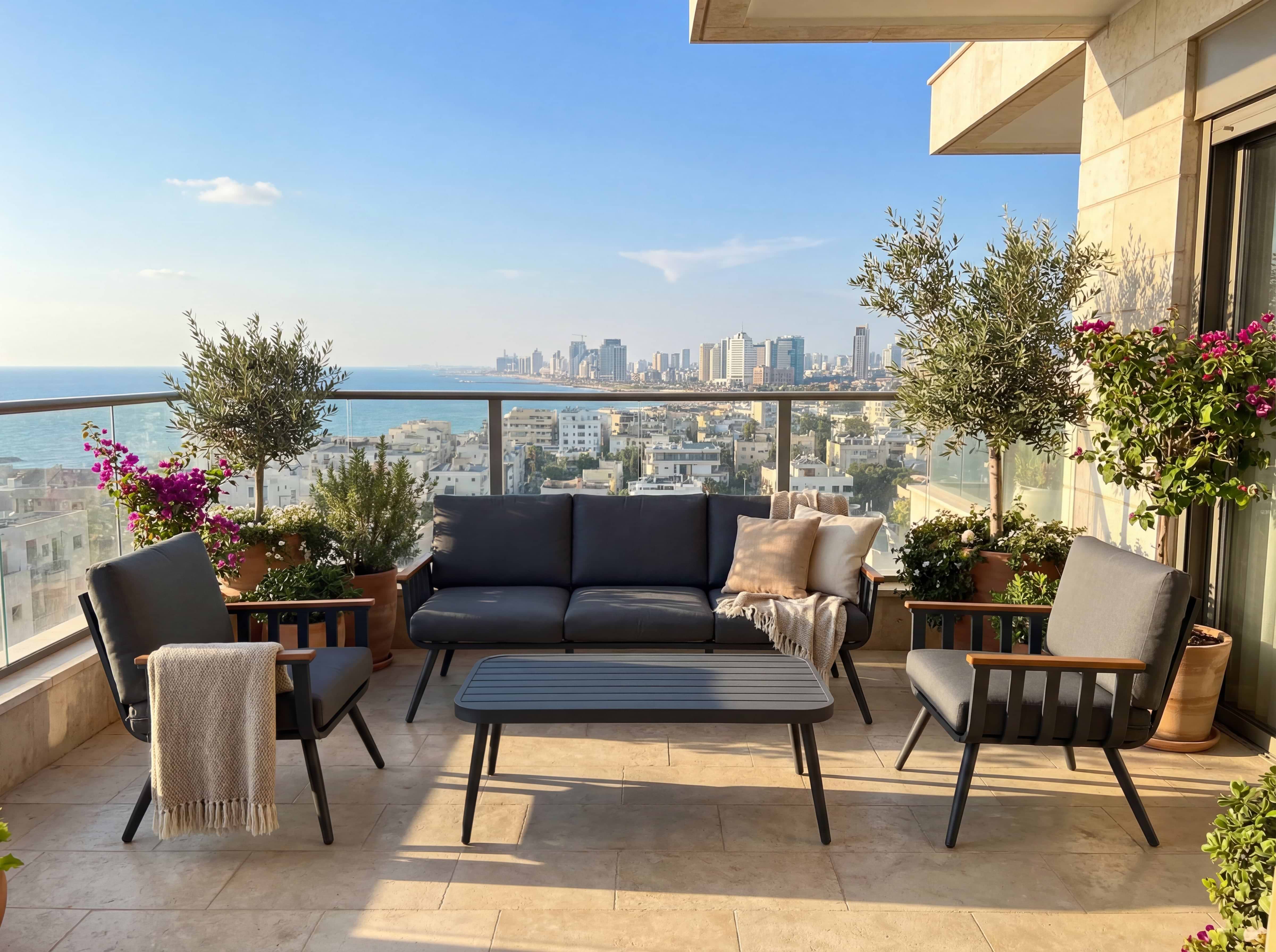 פינת ישיבה לגינה ספסל תלת אלומיניום בצבע אפור בשילוב ידיות בצבע עץ וכריות אפורות דגם שיר