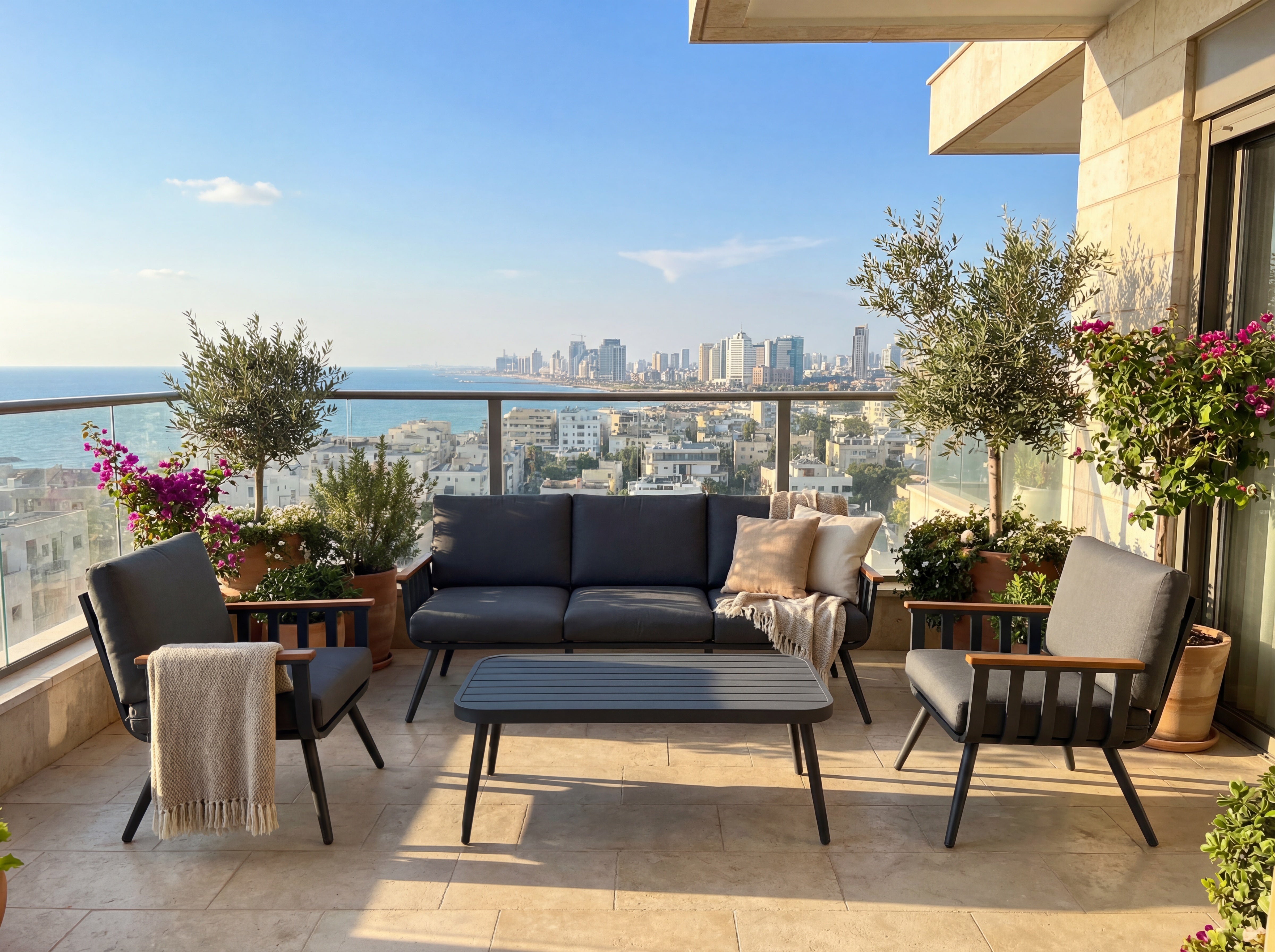 פינת ישיבה לגינה ספסל תלת אלומיניום בצבע אפור בשילוב ידיות בצבע עץ וכריות אפורות דגם שיר