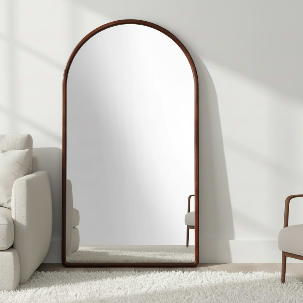 מראה חצי מעוגלת מסגרת עץ בצבע אגוז מידות 180*100 ס"מ