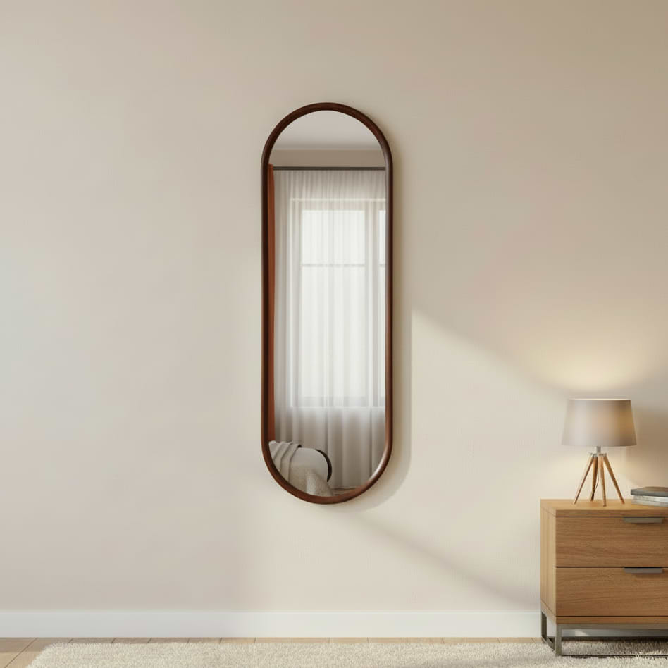 מראה אובלית מסגרת עץ בצבע אגוז מידות 180*60 ס"מ
