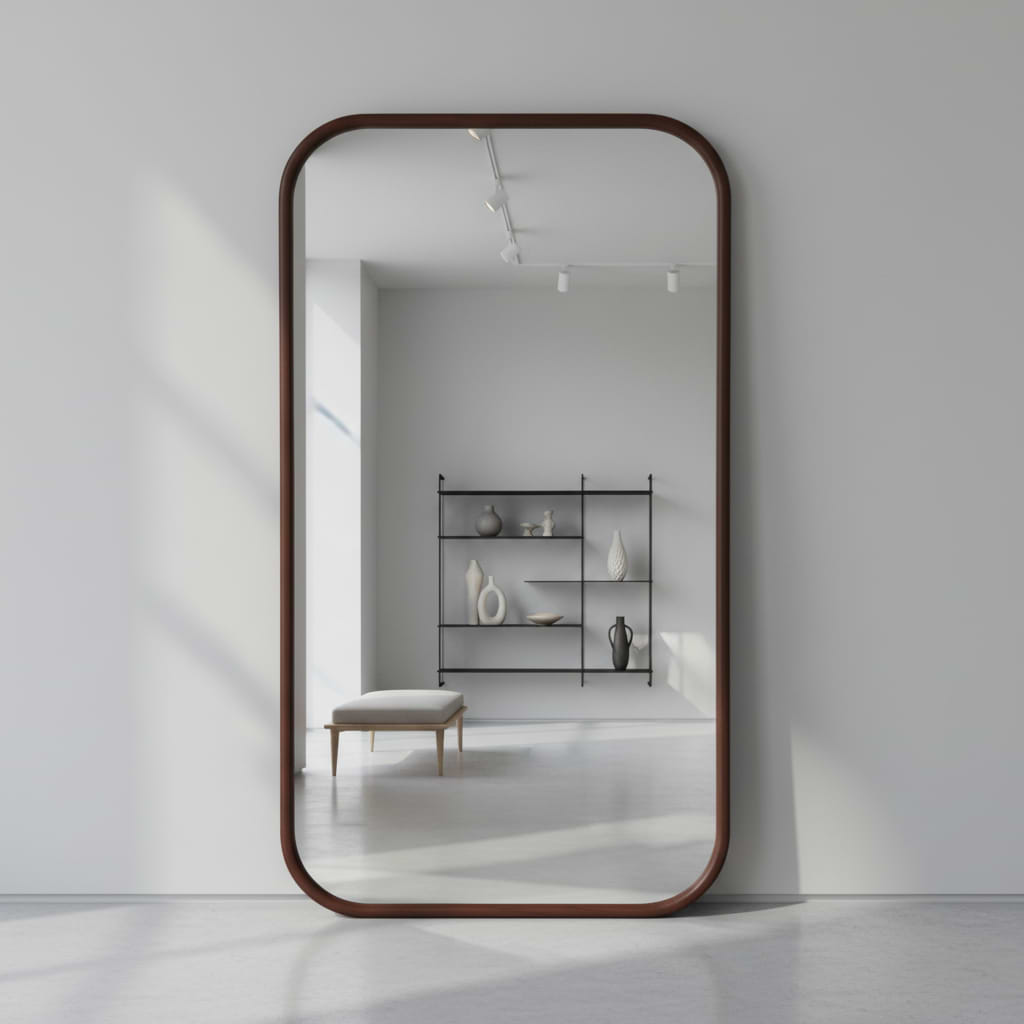 מראה מלבנית מסגרת עץ אגוז פינות מעוגלות מידות 180*100 ס"מ