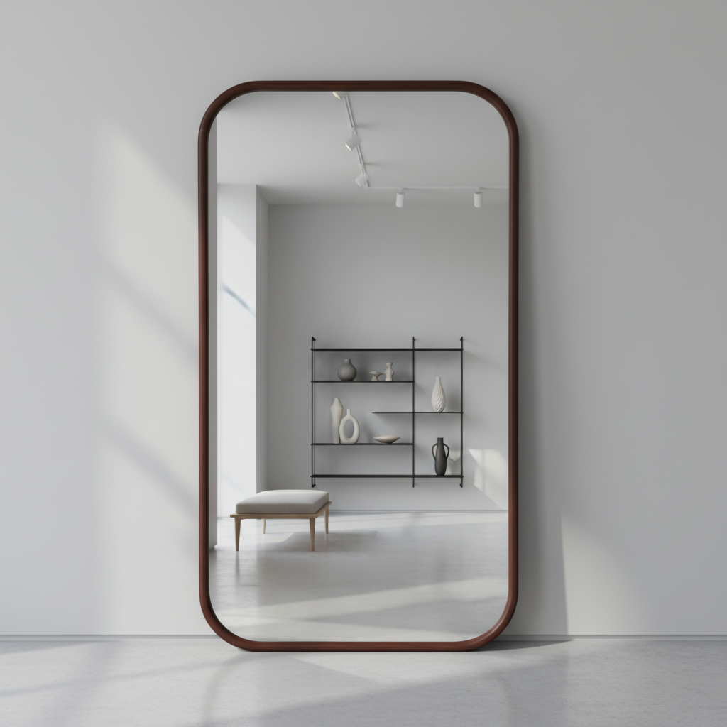 מראה מלבנית מסגרת עץ אגוז פינות מעוגלות מידות 180*100 ס"מ