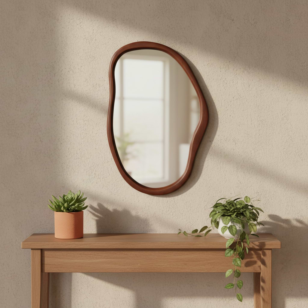 מראה אסימטרית מסגרת עץ אגוז במידות 60*90 ס"מ