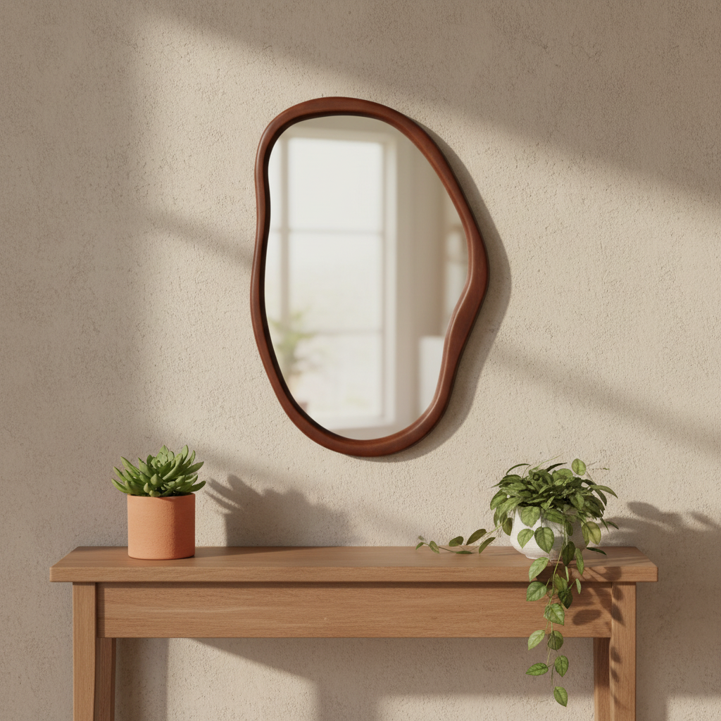 מראה אסימטרית מסגרת עץ אגוז במידות 60*90 ס"מ