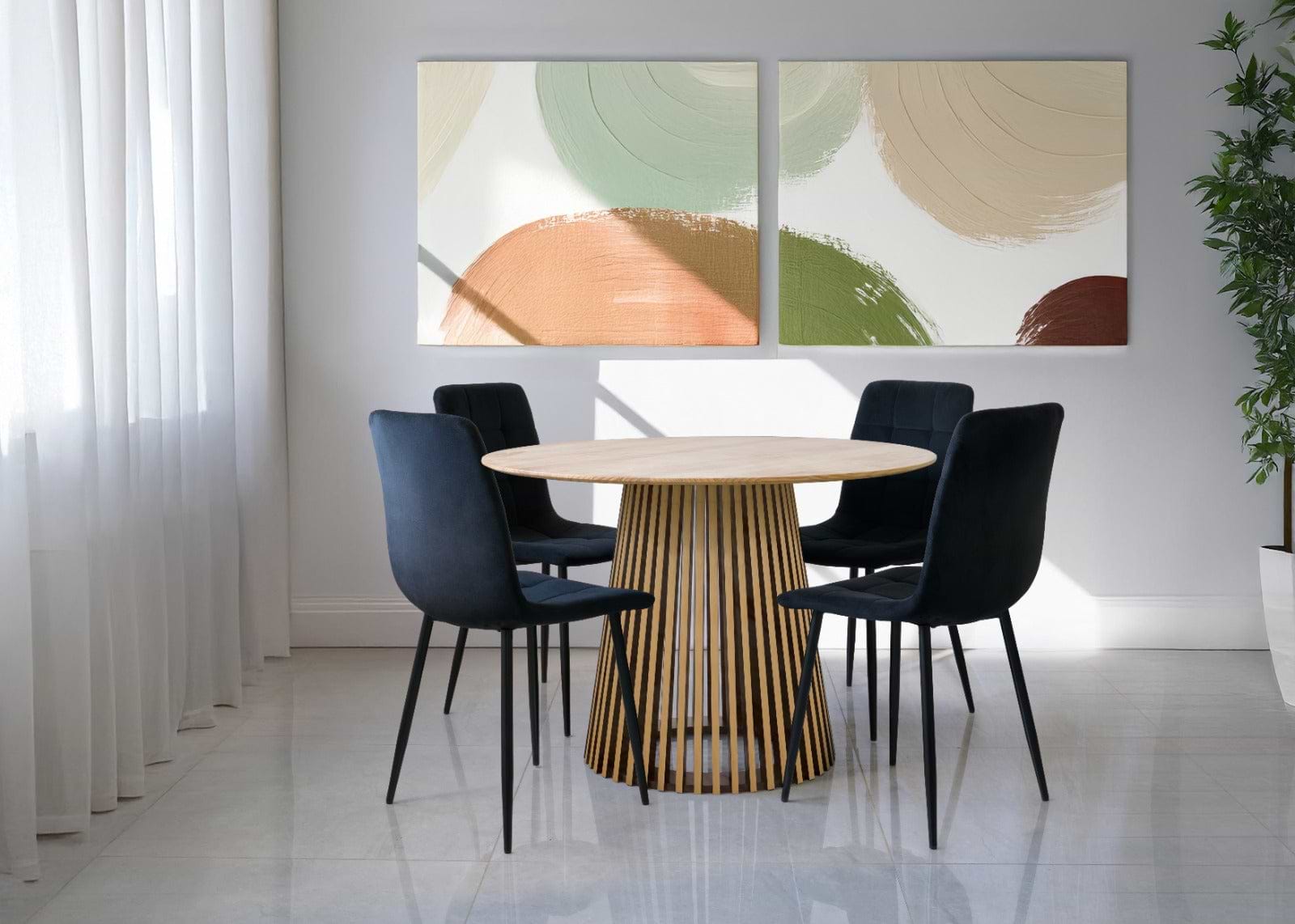 פינת אוכל שולחן עגול צבע עץ אלון 110 ס"מ דגם פורטו ו4 כיסאות קטיפה לבחירה במגוון צבעים דגם שחר ( שחור)