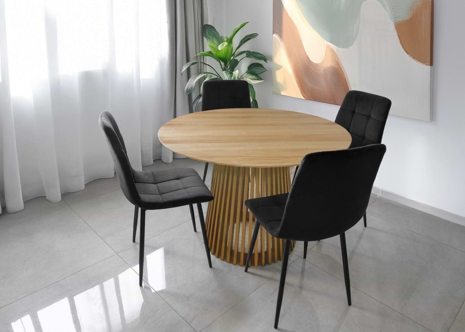 פינת אוכל שולחן עגול צבע עץ אלון 110 ס"מ דגם פורטו ו4 כיסאות קטיפה לבחירה במגוון צבעים דגם שחר ( שחור)