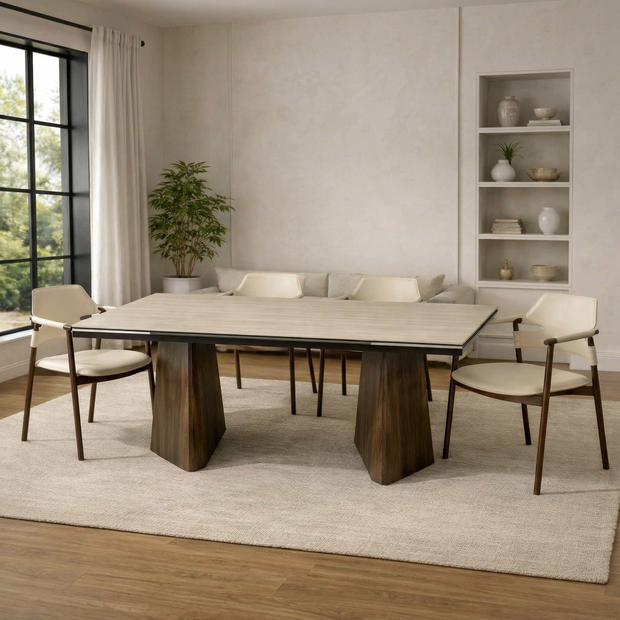 פינת אוכל שולחן מלבני נפתח טרוורטין עם רגליים בצבע אגוז 160-240*90 ס"מ PAROS ו4 כיסאות דמוי עור סהרה בשילוב רגל אגוז דגם סלינה