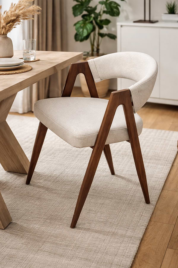 כסא לפינת אוכל מרופד בד ארוג בצבע חול בשילוב רגלי אגוז דגם מודרן