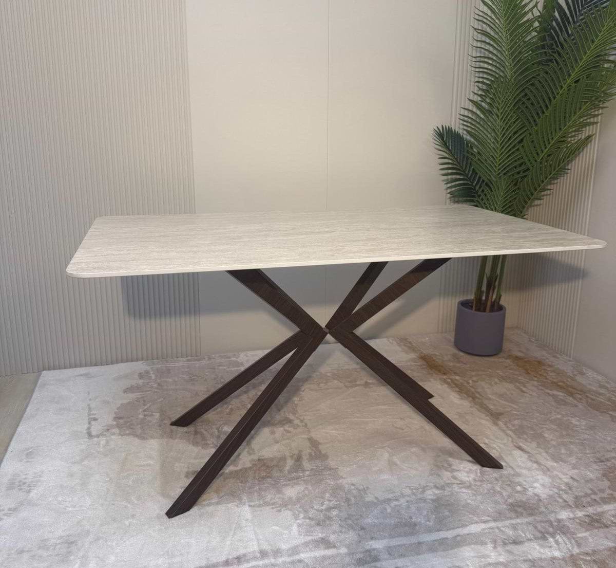 שולחן פינת אוכל מלבני 160*90 ס"מ טרוונטין בשילוב רגלי מתכת בצבע אגוז דגם victoria