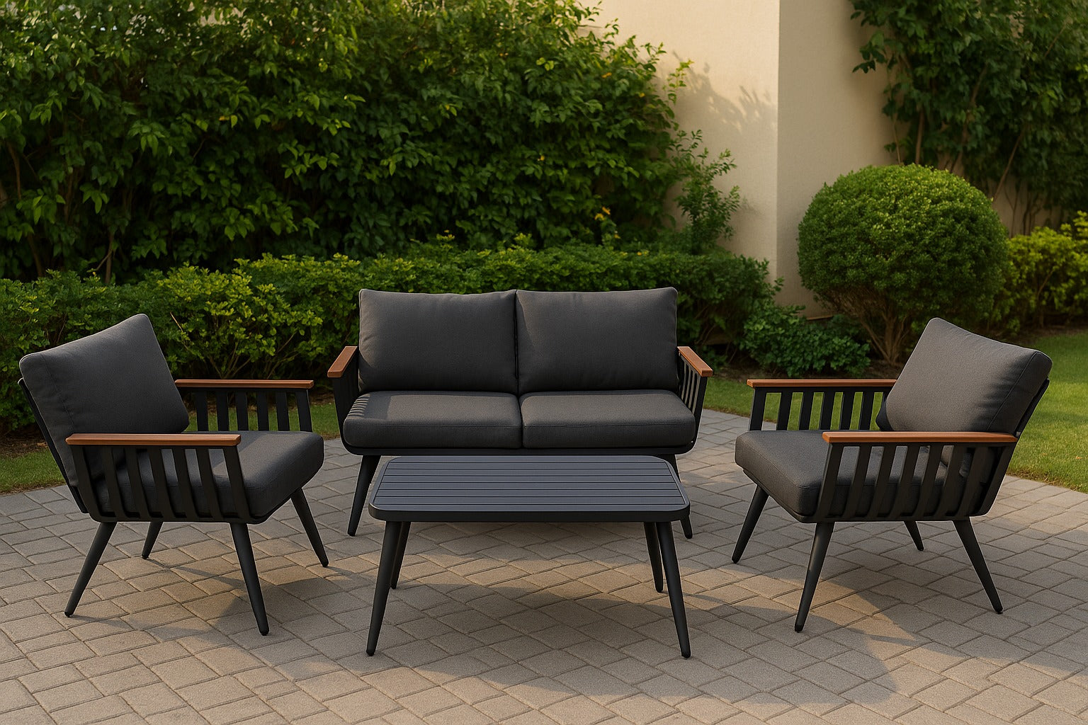 פינת ישיבה לגינה אלומיניום בצבע אפור בשילוב ידיות בצבע עץ וכריות אפורות דגם שיר