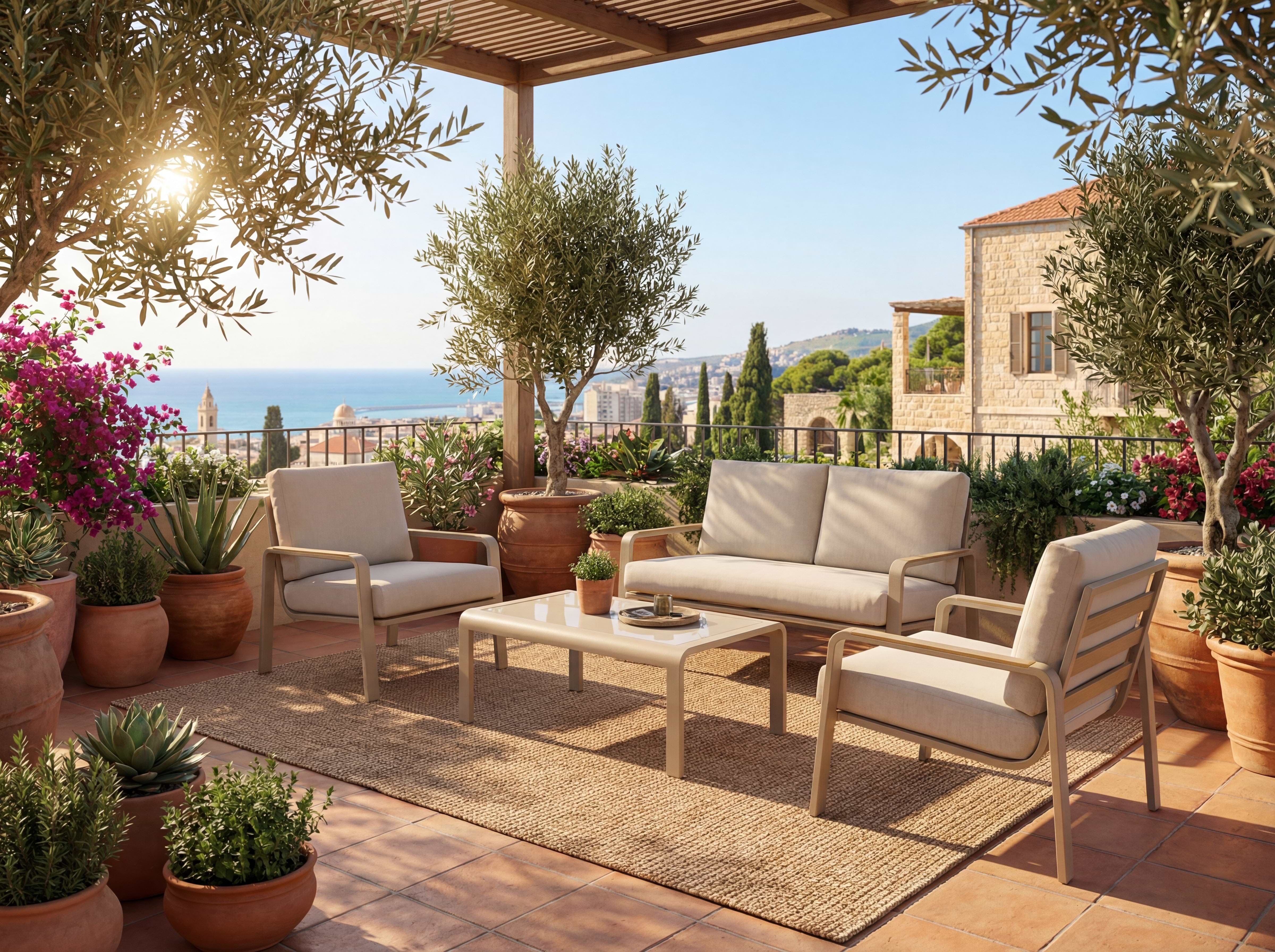 פינת ישיבה לגינה אלומיניום בצבע שמפניה בשילוב ידיות בצבע עץ וכריות בז' דגם תומר