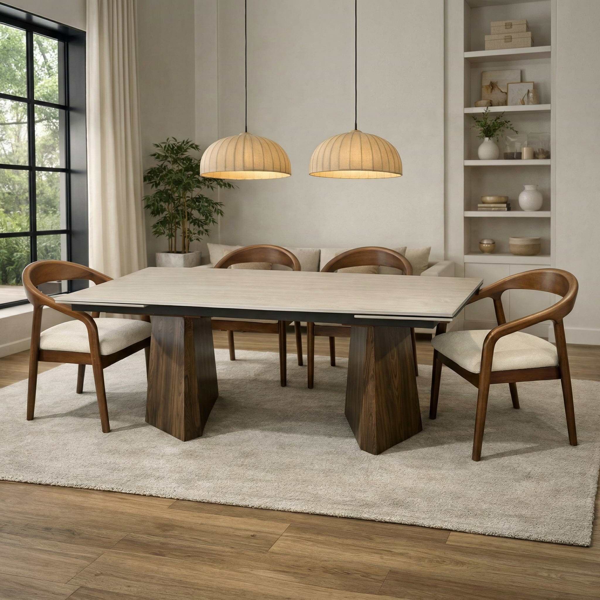 פינת אוכל שולחן מלבני נפתח טרוורטין עם רגליים בצבע אגוז 160-240*90 ס"מ PAROS ו4 כיסאות חול בשילוב רגל אגוז דגם ג'ורדן