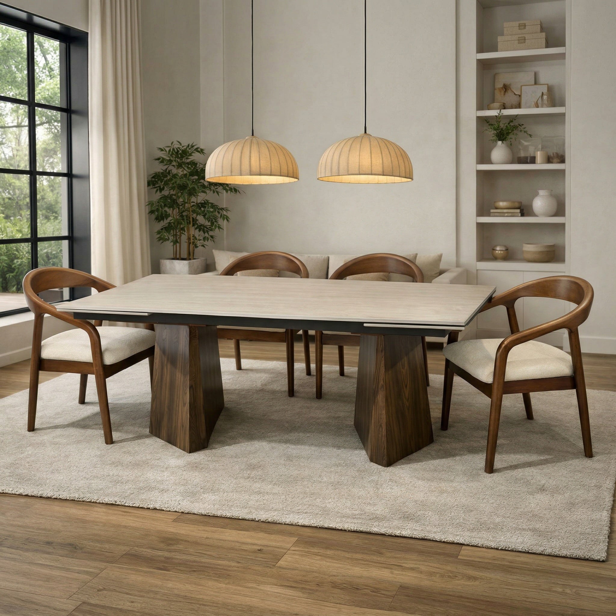 פינת אוכל שולחן מלבני נפתח טרוורטין עם רגליים בצבע אגוז 160-240*90 ס"מ PAROS ו4 כיסאות חול בשילוב רגל אגוז דגם ג'ורדן