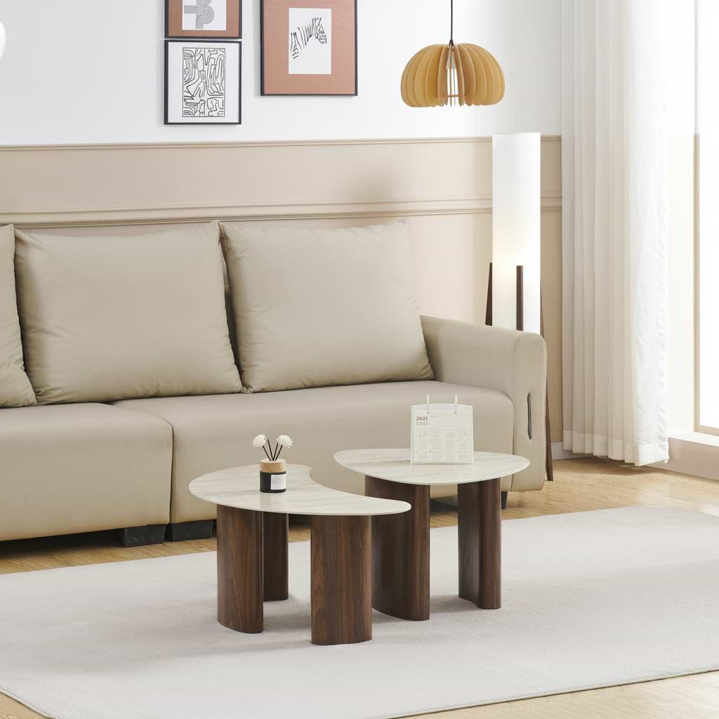 זוג שולחנות סלון בעיצוב טרוונטין עם רגלי עץ צבע אגוז דגם אריאל