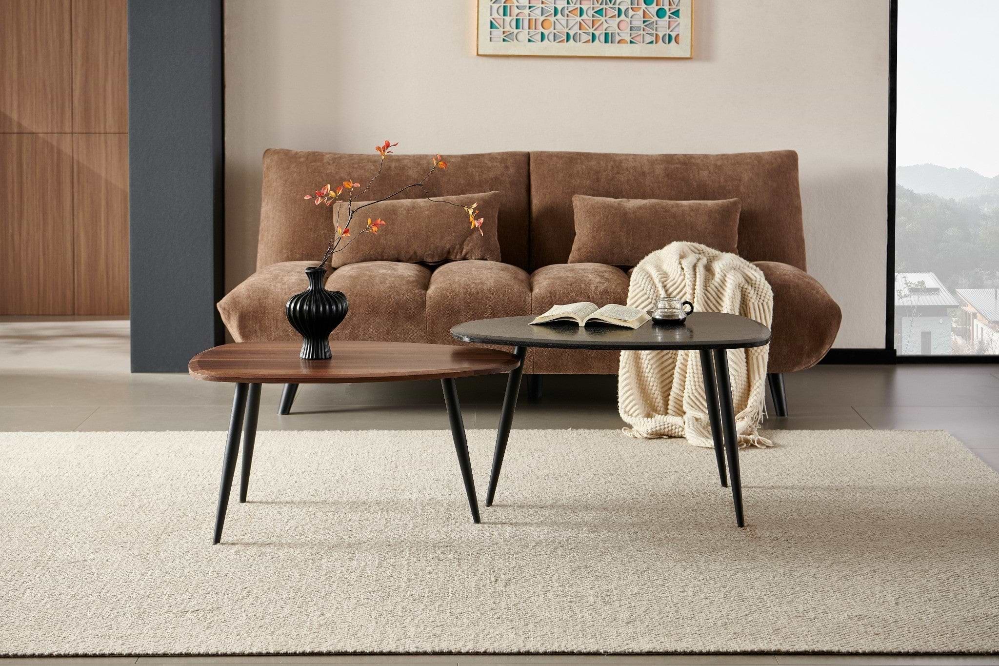 זוג שולחנות סלון אמורפיים בצבע אגוז ושחור דגם ברלין