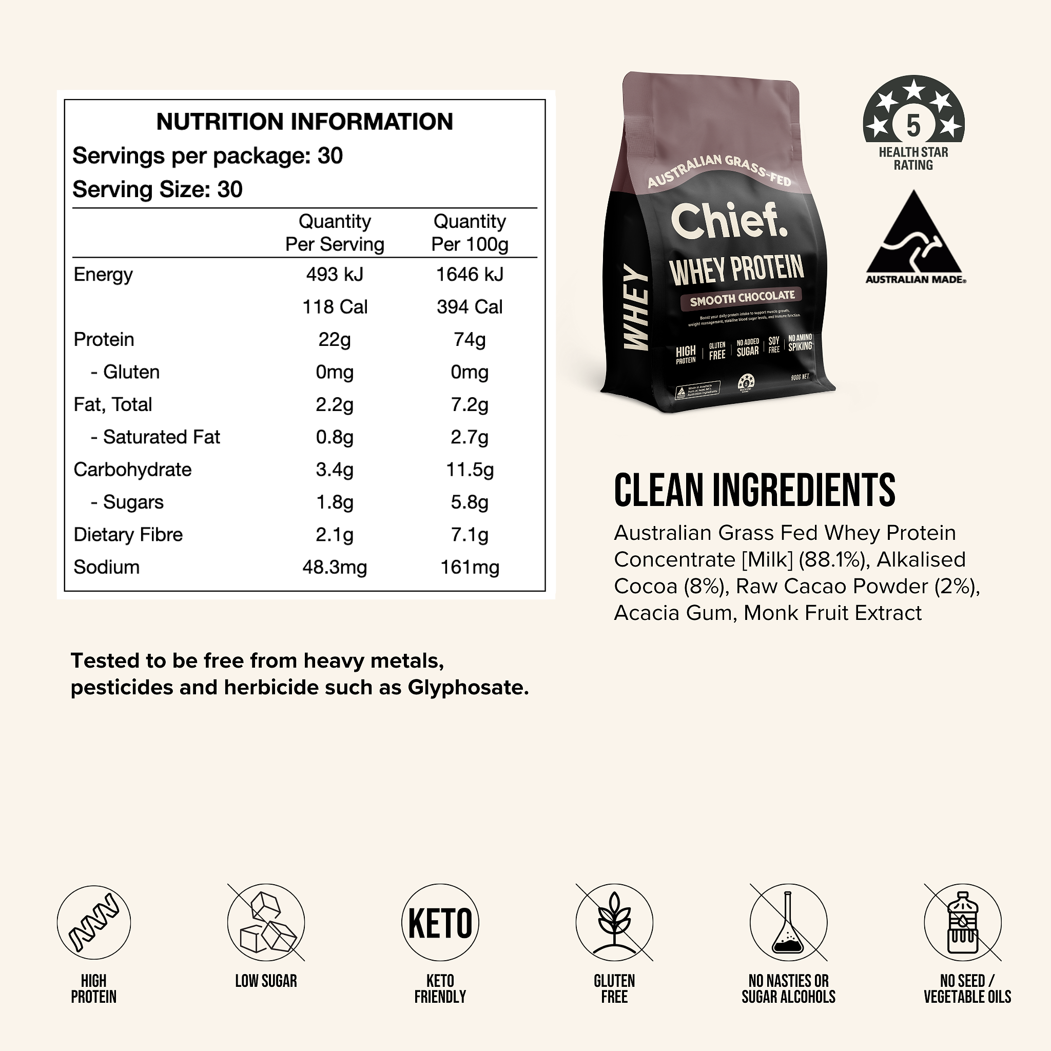 Grass-fed Whey Protein Powder - Smooth Chocolate (30 serves)