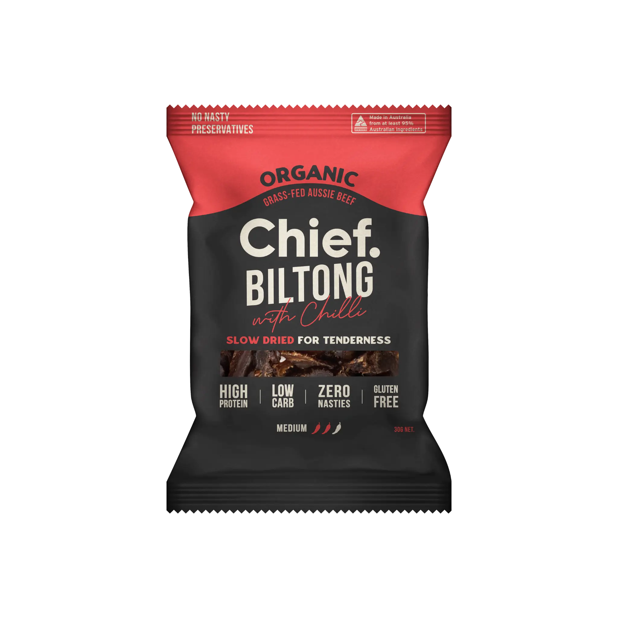 Organic Biltong - Cayenne Chilli (12 x 30g bags) Biltong Chief Nutrition