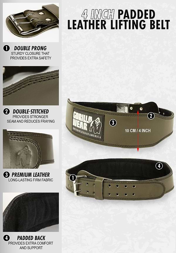 Gorilla Wear 4 Inch Padded Leather Lifting Belt - Army Green