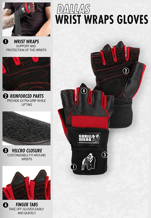 Dallas Wrist Wraps Gloves - Black/Red Stitched