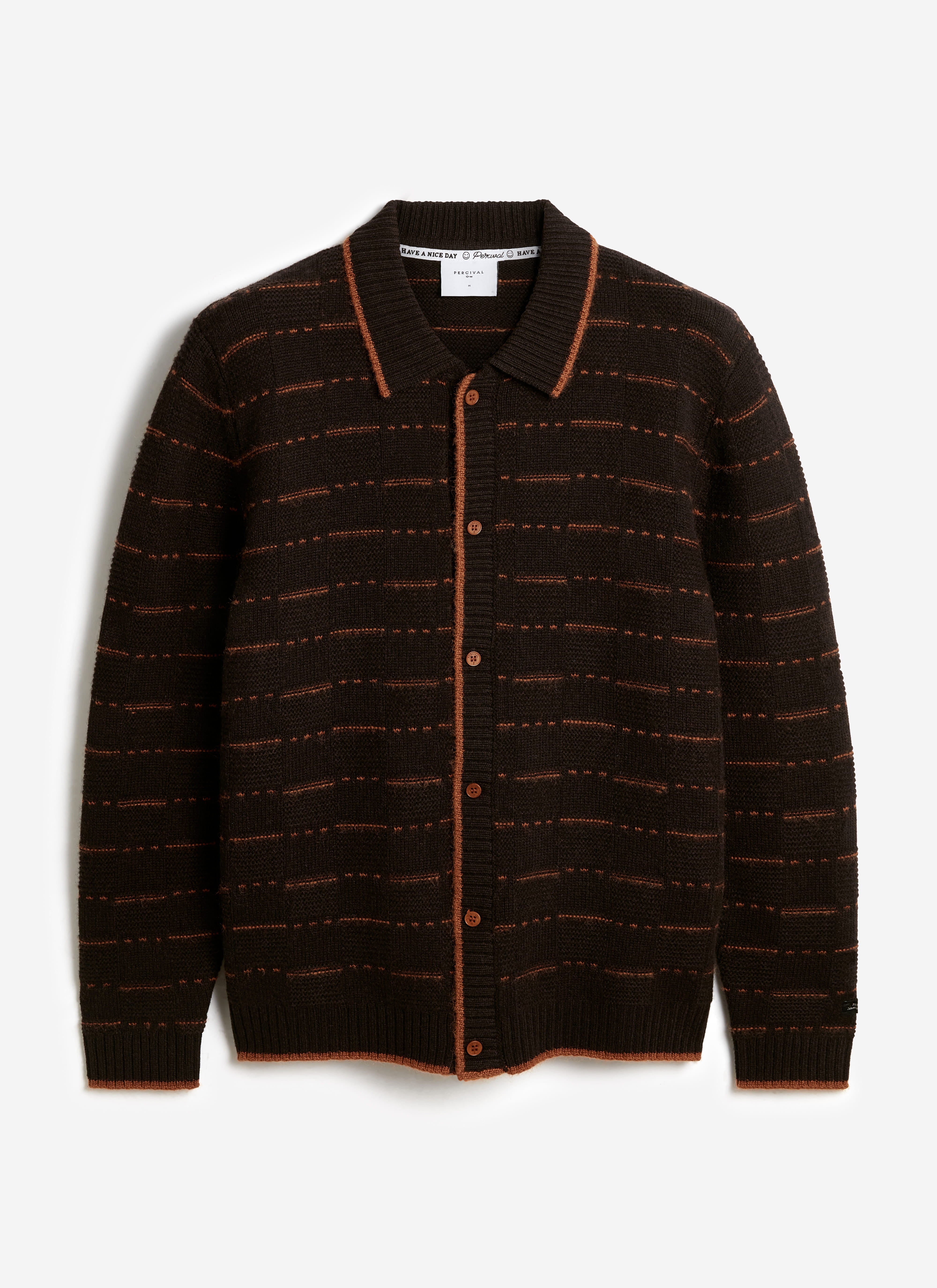 Brown wool Addison knitted shirt by Percival featuring horizontal rust-coloured stripes and a button-down front.