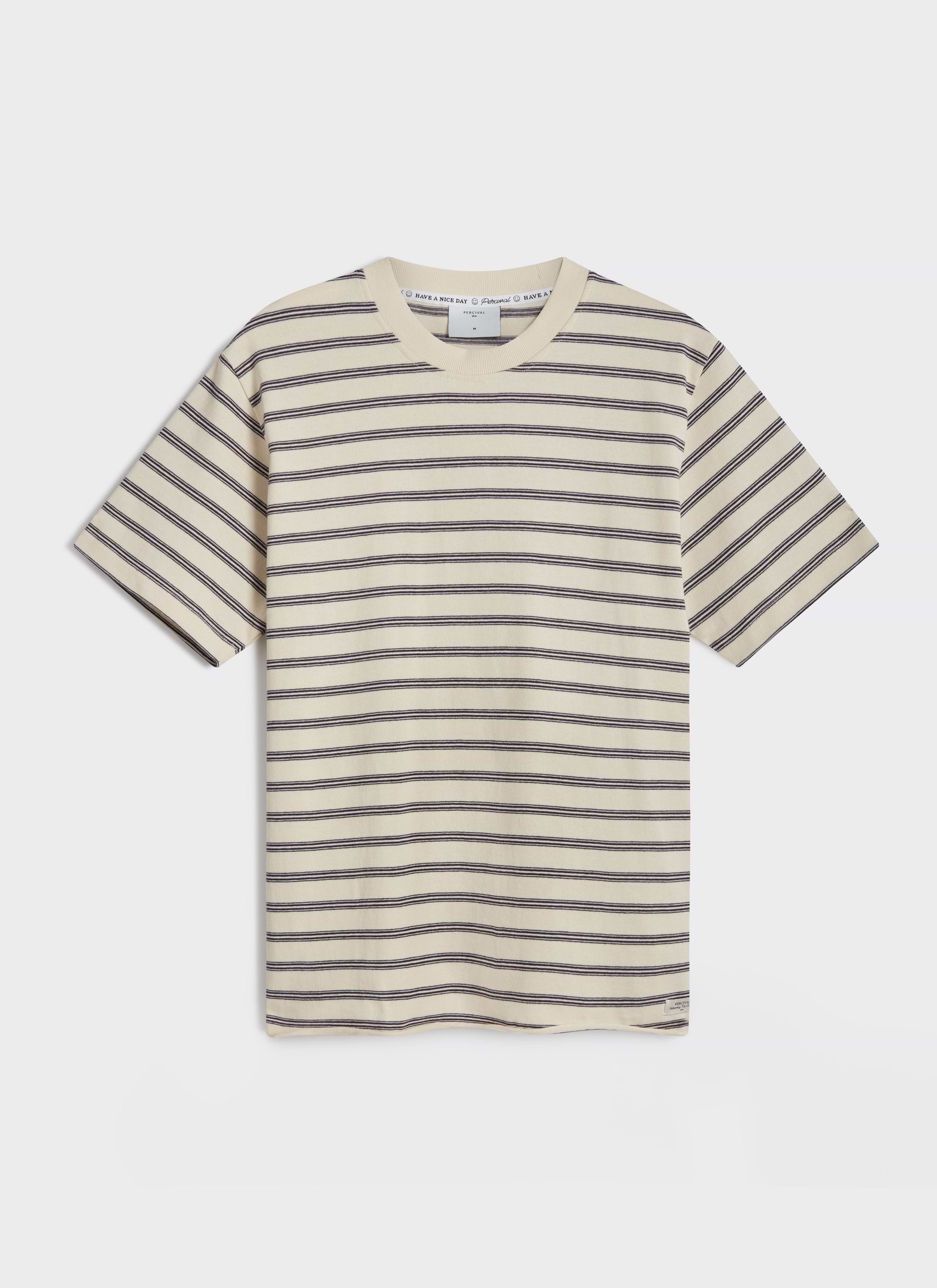 A flat lay of the Percival Arlo Raw Hem Breton T-Shirt in cream with black stripes, crafted from organic cotton.