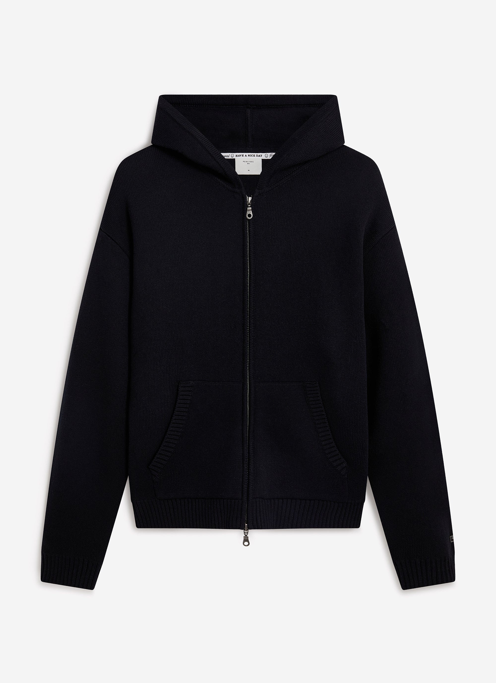 The black cotton Chronicle Knitted Hoodie from Percival, a zip-up knit with a drawstring hood and kangaroo pockets.