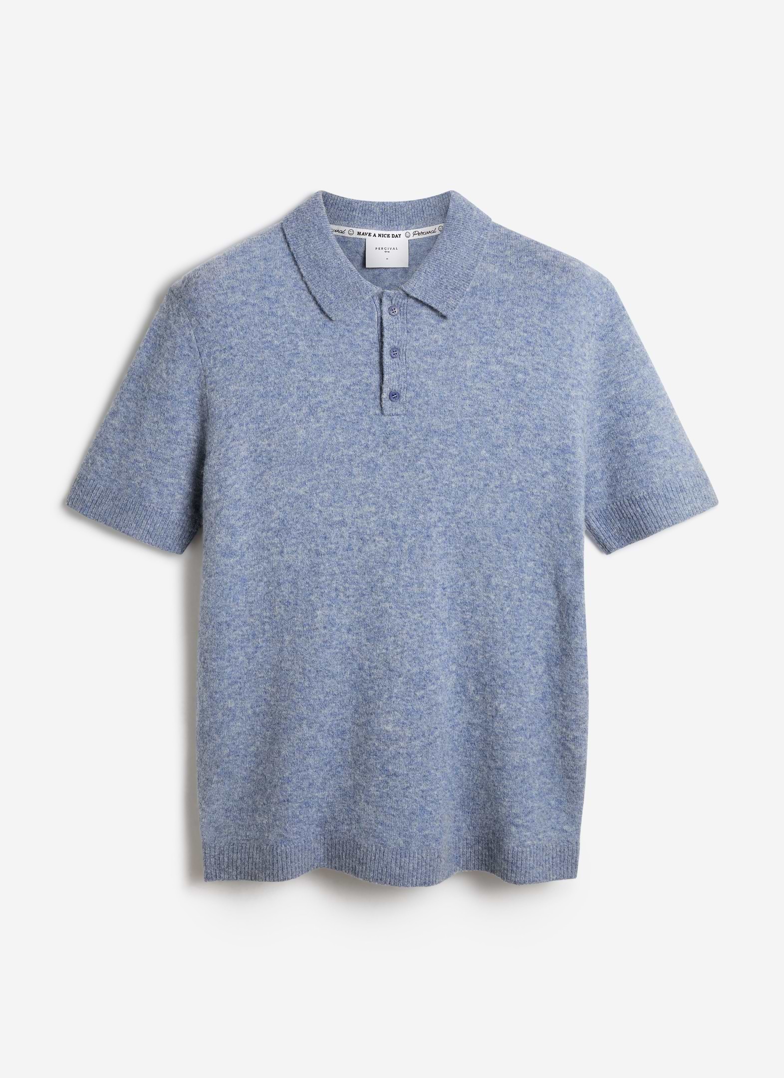 The Percival blue yak-wool Collins Boxy Knitted Polo shirt, featuring a three-button collar and ribbed trims.