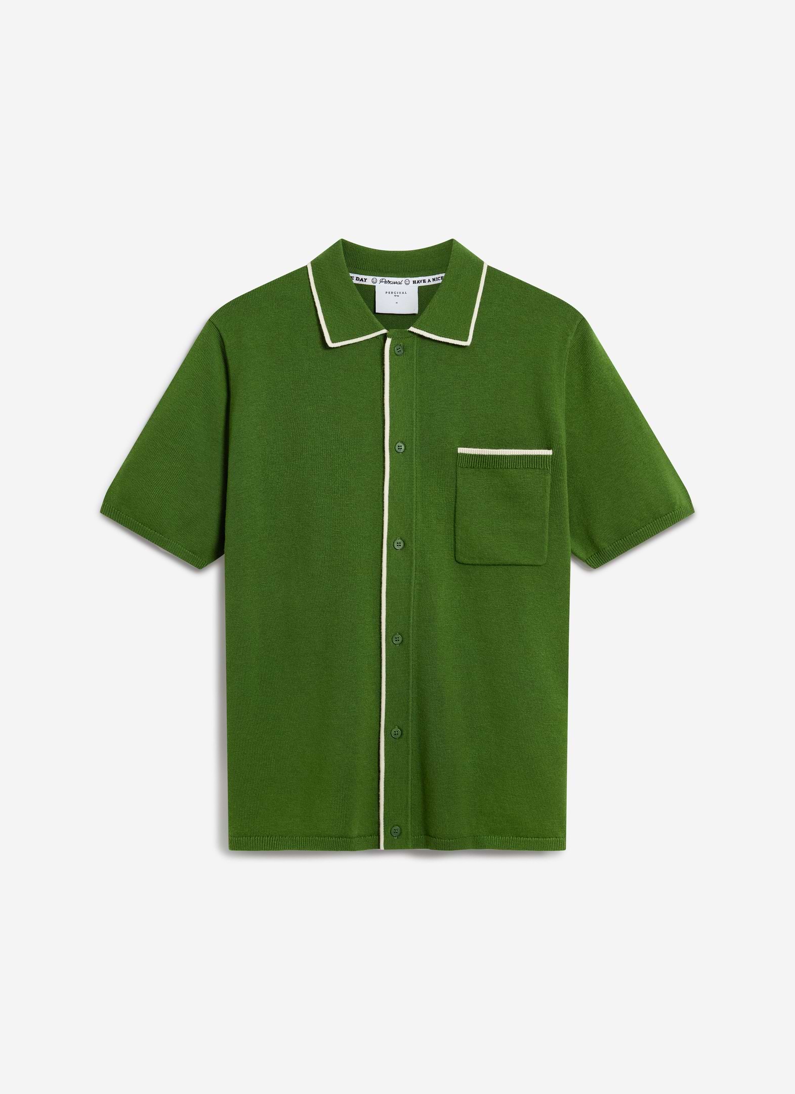 Front view of the Percival Contrast Trim Shirt in forest green wool blend, with ecru piping, on a white background.
