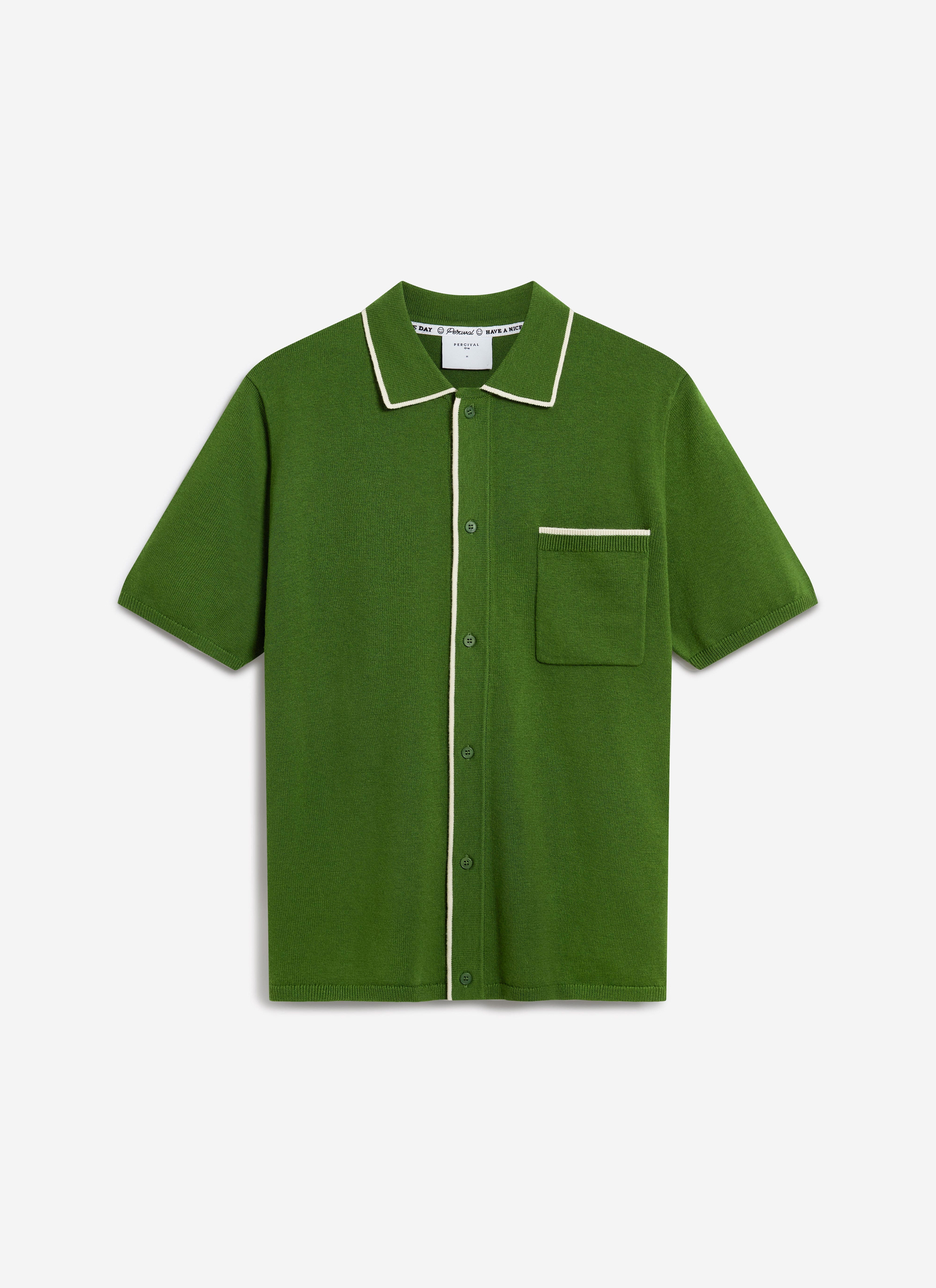 Front view of the Percival Contrast Trim Shirt in forest green wool blend, with ecru piping, on a white background.