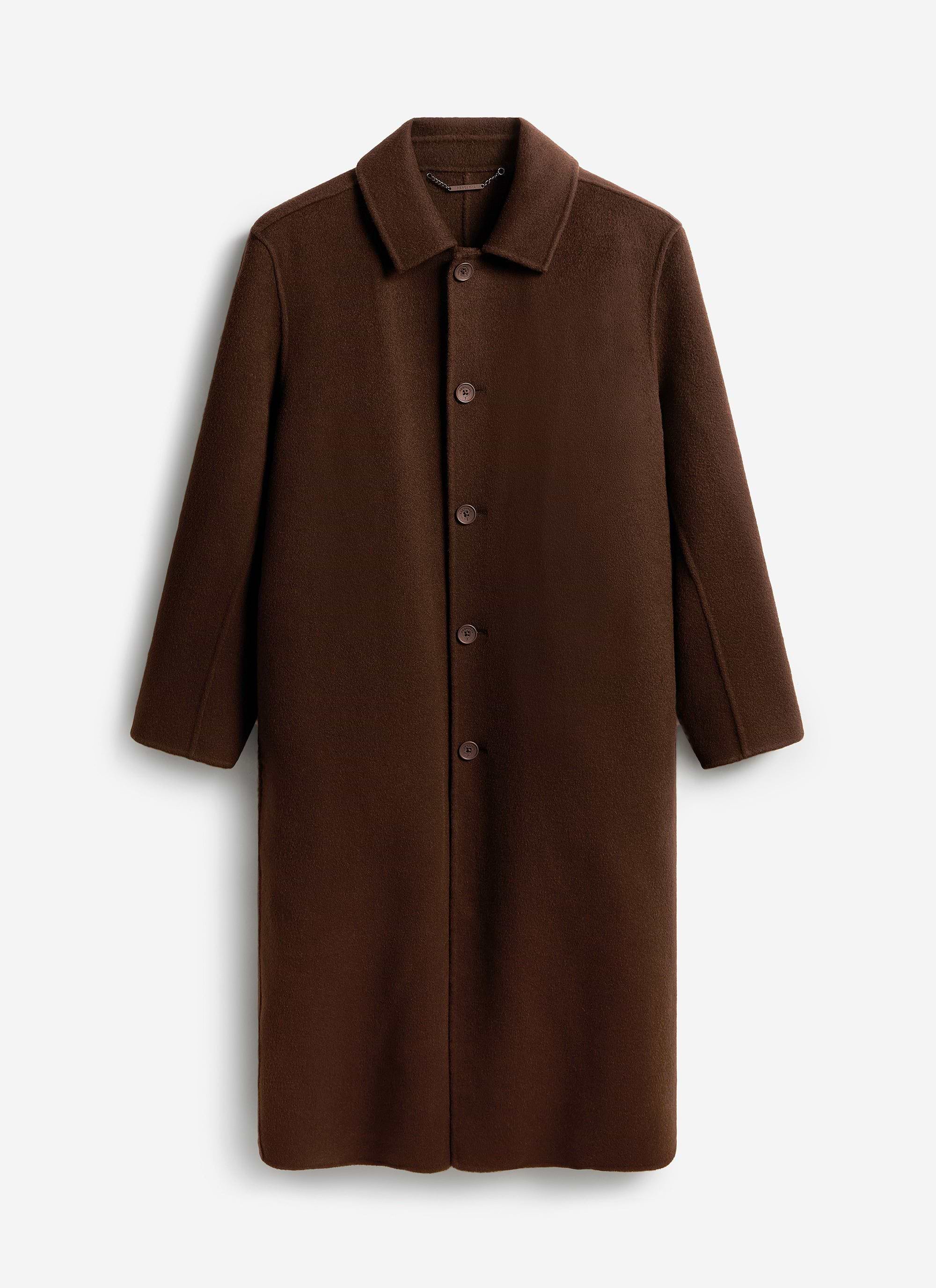 The Percival Minnesota Overcoat in espresso brown wool, a single-breasted style shot flat against a white background.