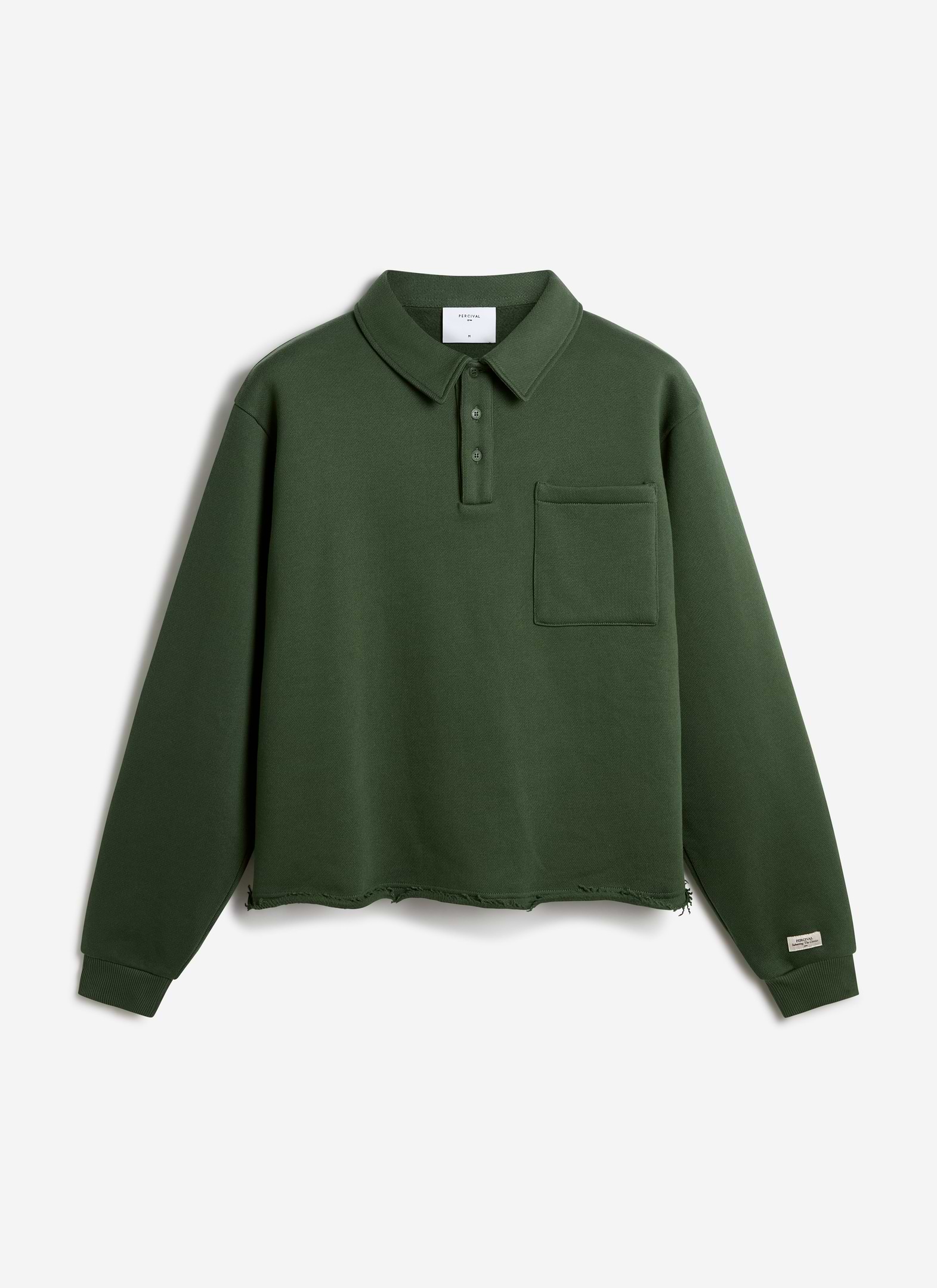 Percival Dudley Boxy Sweatshirt in forest green organic cotton, featuring a buttoned polo collar and chest pocket.