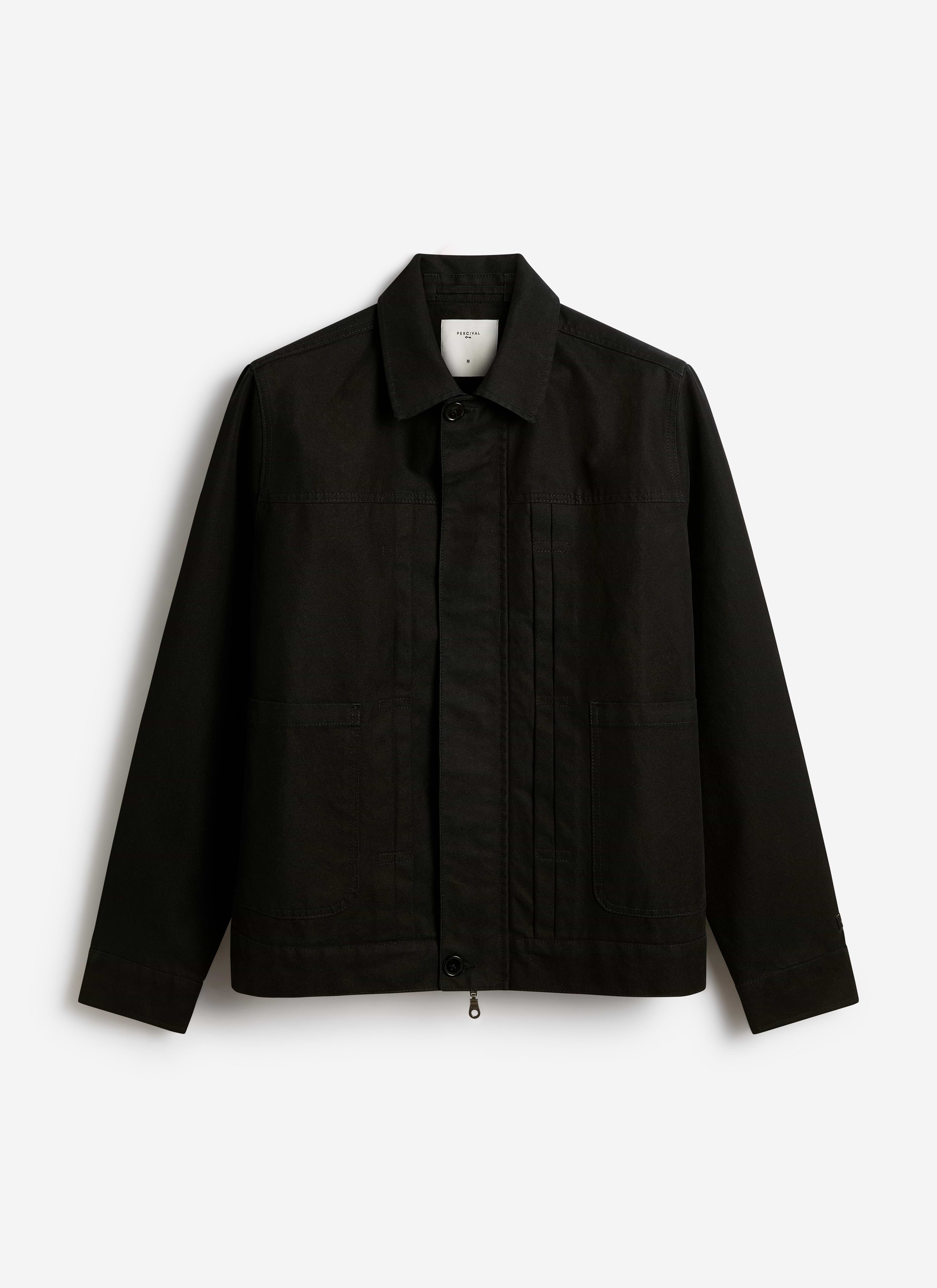 A black Percival Ernst jacket in cotton-rich stretch fabric featuring a double pleated front and clean boxy fit.