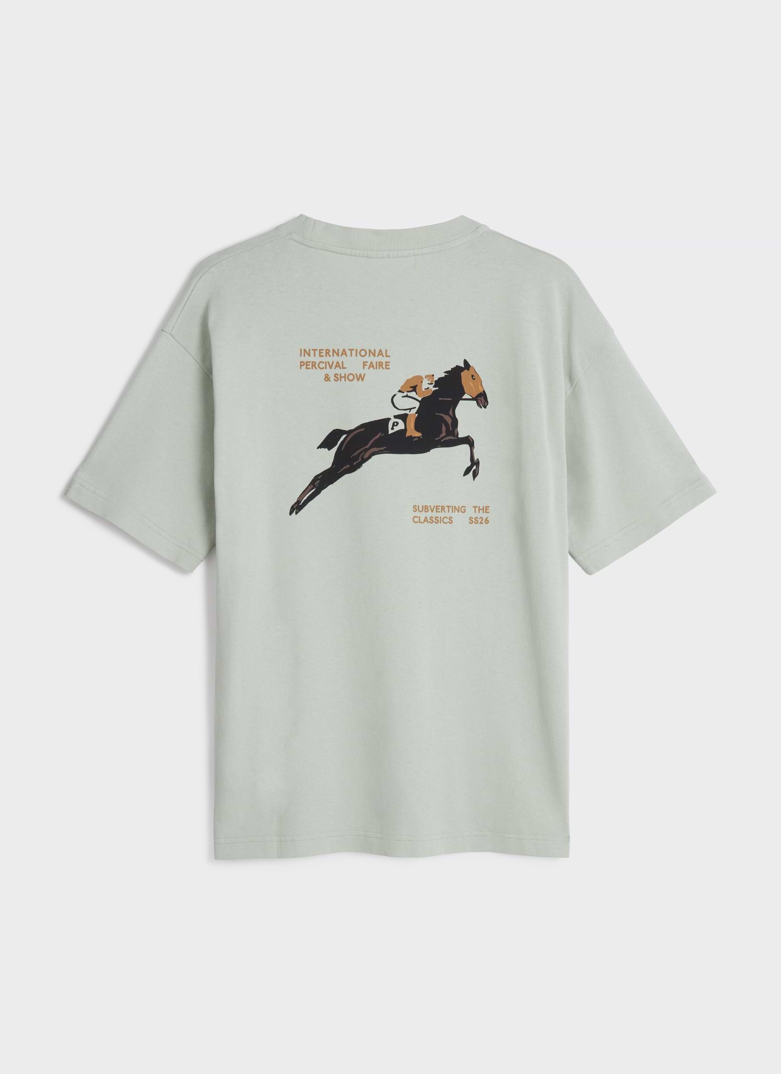 The back of the sage Percival Fair and Show Oversized T-shirt, featuring the horse and jockey graphic artwork.
