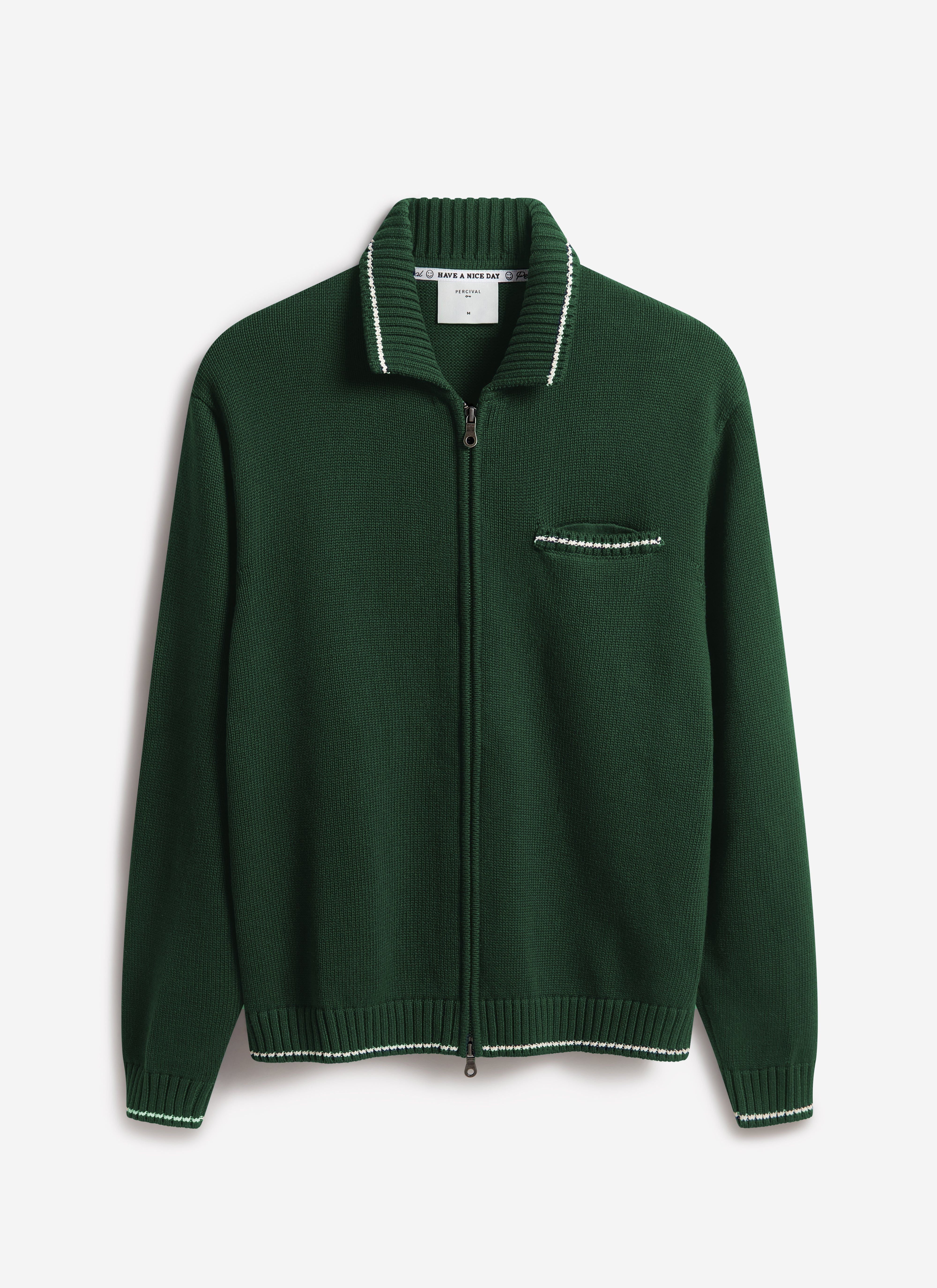 The Percival Gardner zip cardigan in forest green, a dense cotton knit with contrast stitching, against a white background.