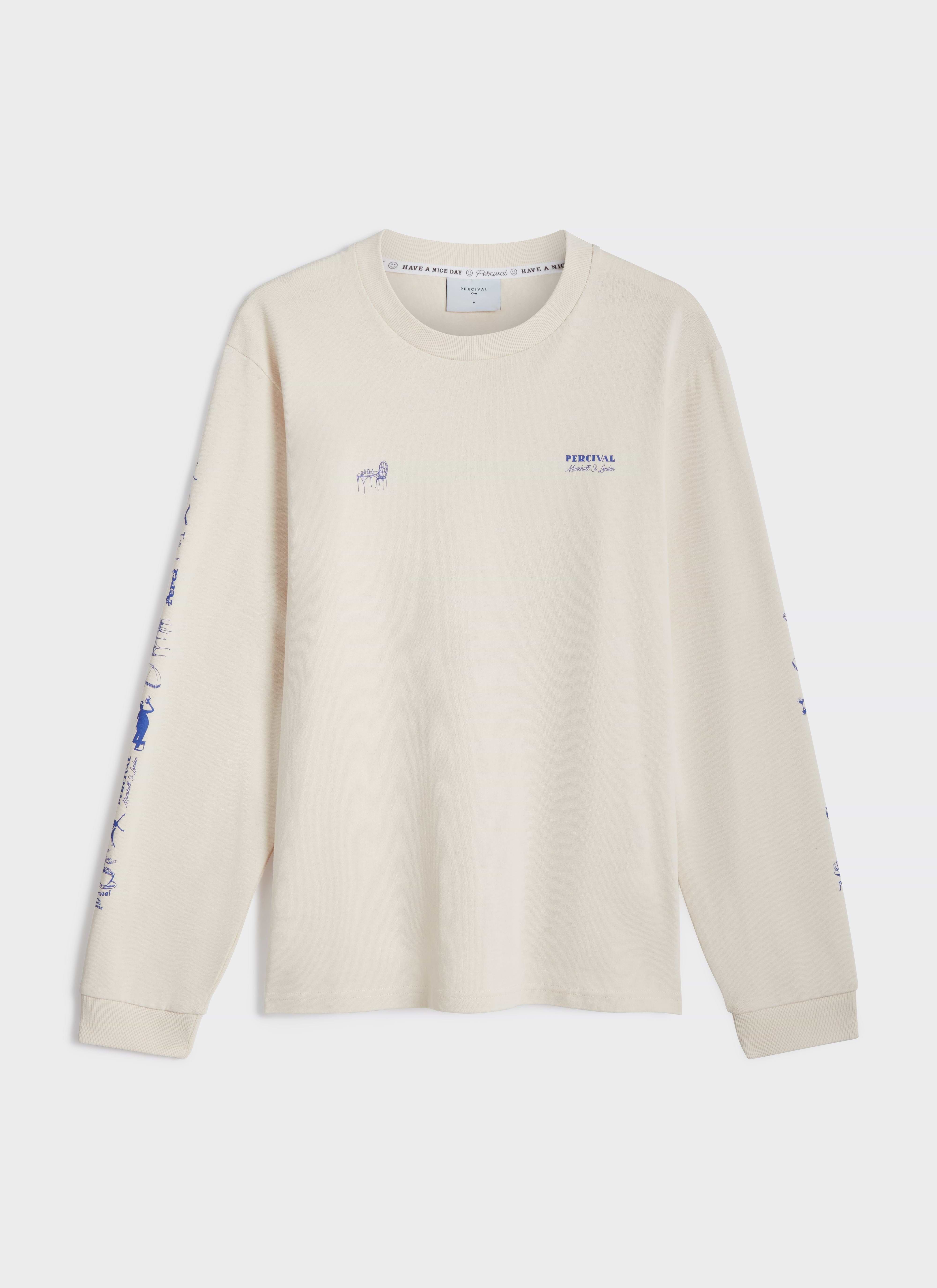 A flat lay of the Percival Harlow Fine Wines Long Sleeve T Shirt in cream, showing blue graphics on the chest and sleeves.