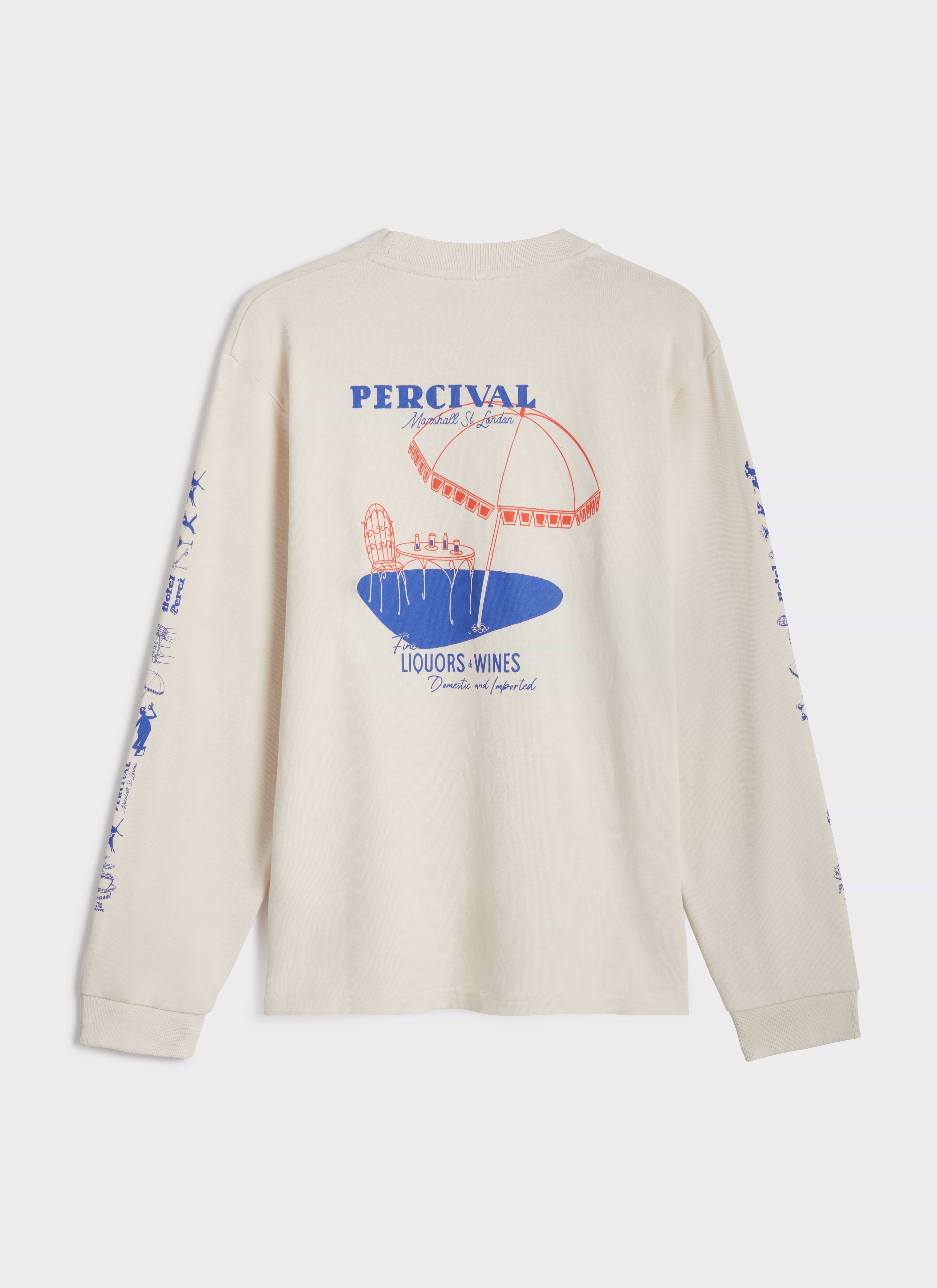 Back view of the Percival Harlow Fine Wines long sleeve t-shirt in cream, showing the large back and sleeve graphics.