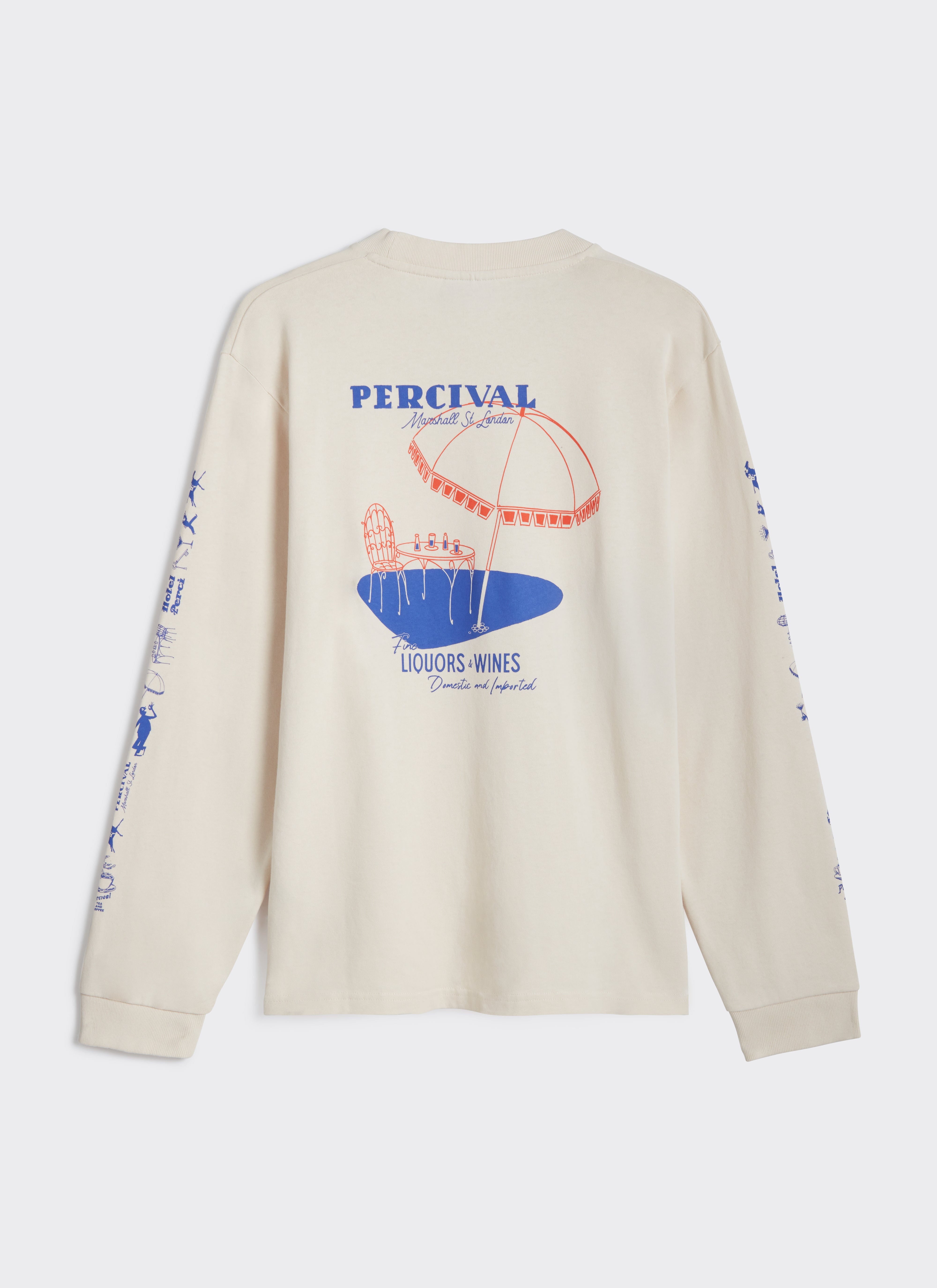 Back view of the Percival Harlow Fine Wines long sleeve t-shirt in cream, showing the large back and sleeve graphics.