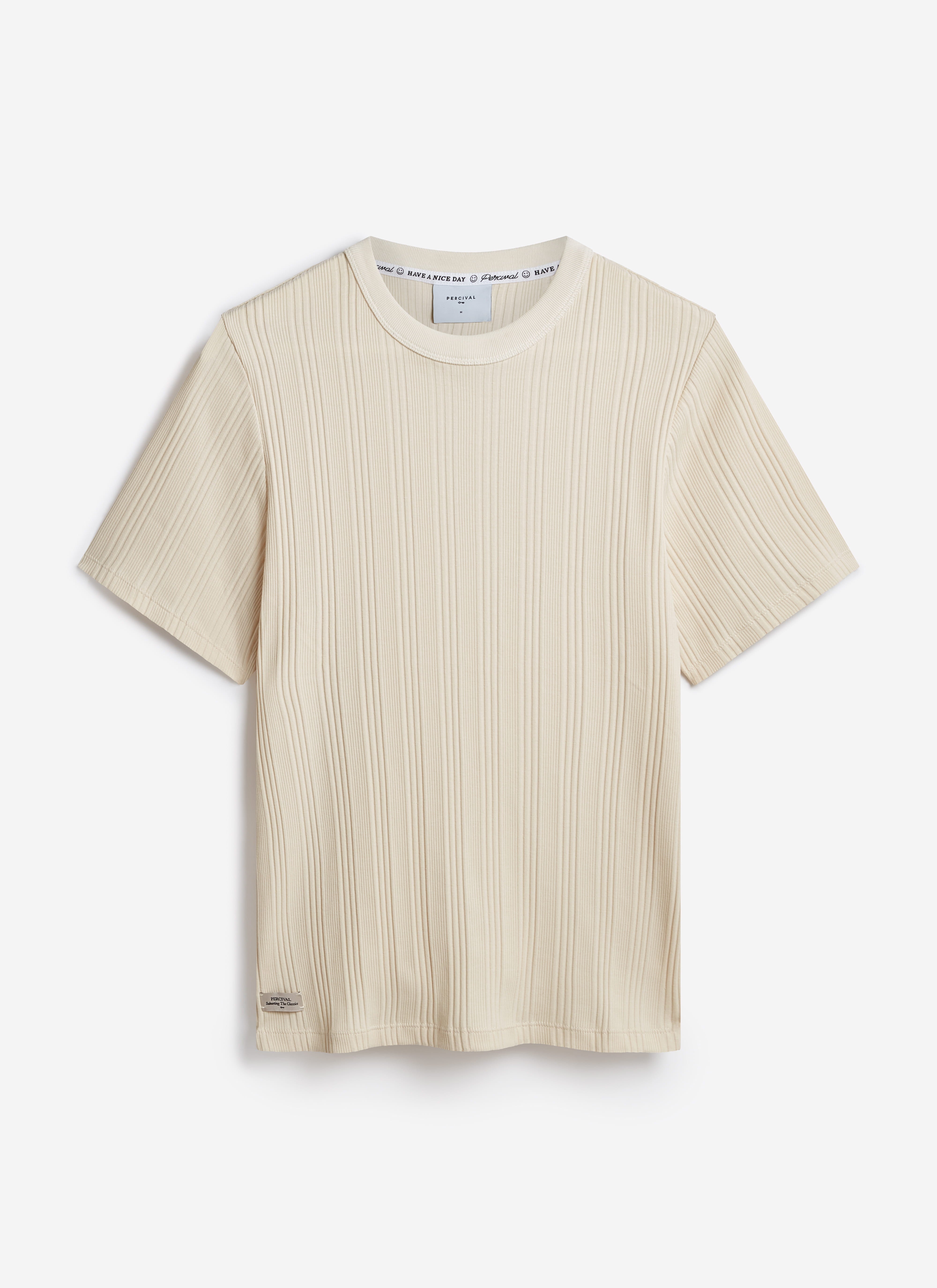 The Percival Leon slim ribbed t-shirt in cream organic cotton, featuring fine vertical ribs and a crew neck.