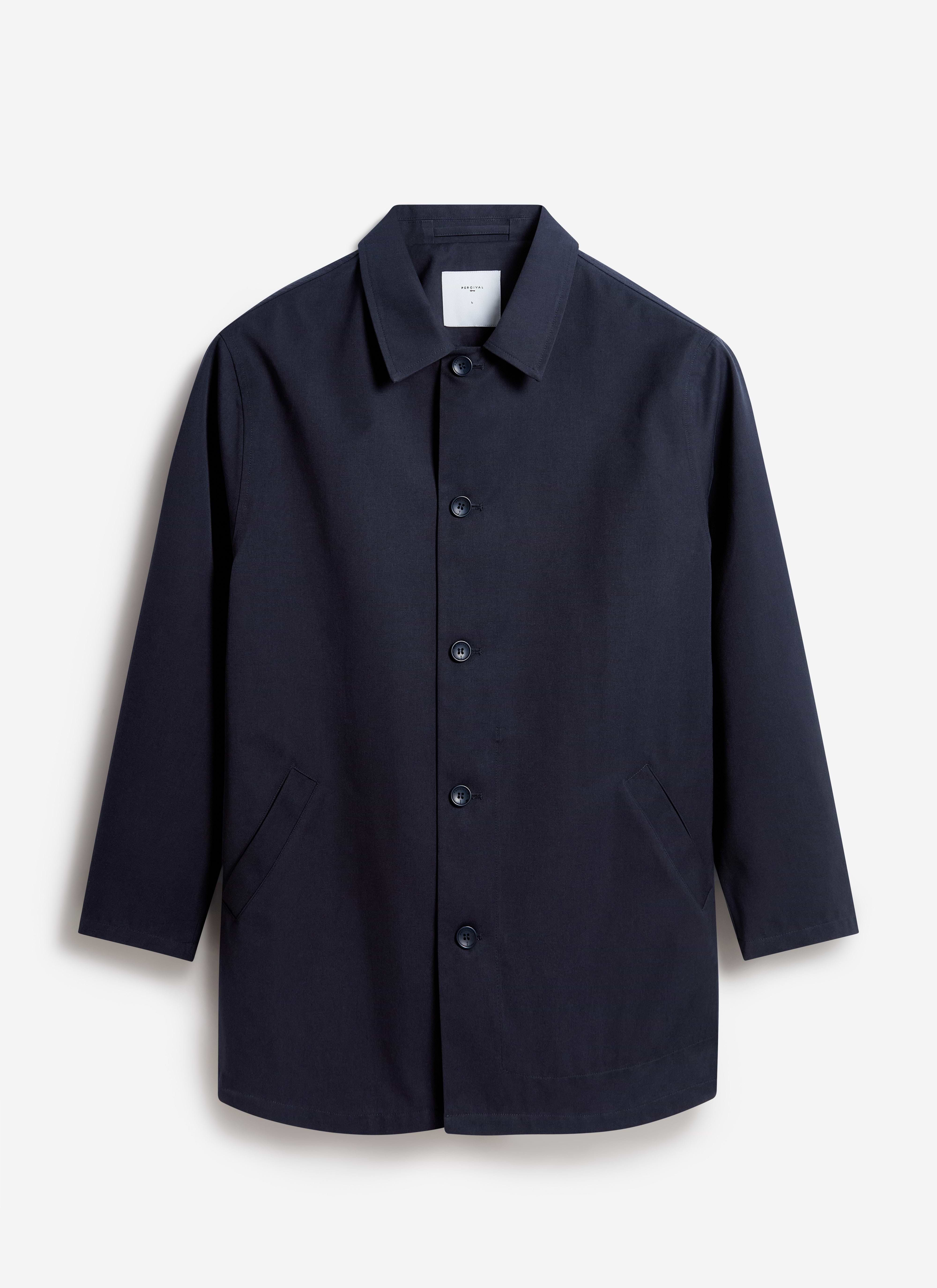 Percival Men's Navy Sherlock Short Trench Coat laid flat against a white background.