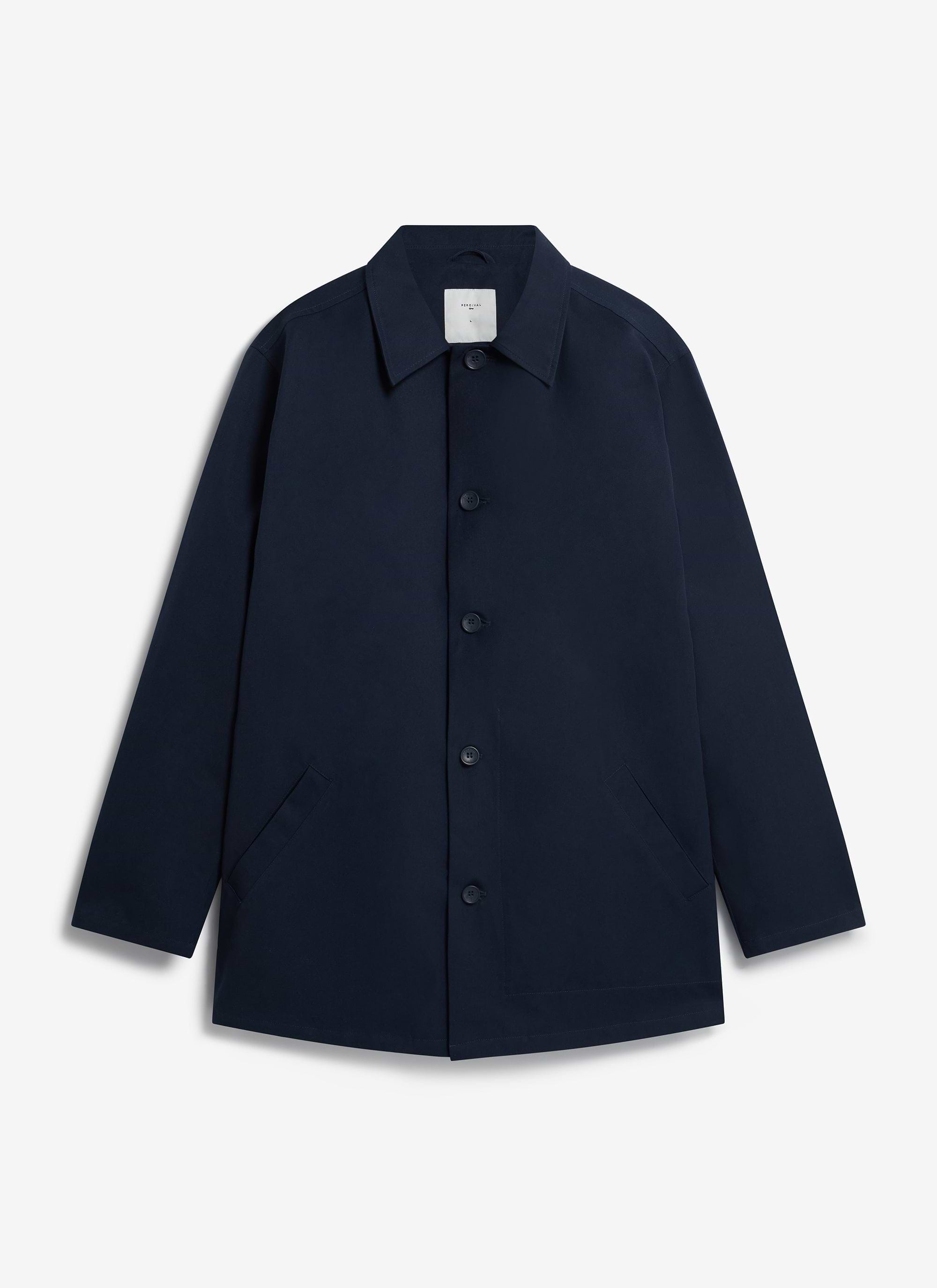 A front view of the Percival Sherlock Short Trench Coat in midnight navy, a waterproof technical jacket for men.