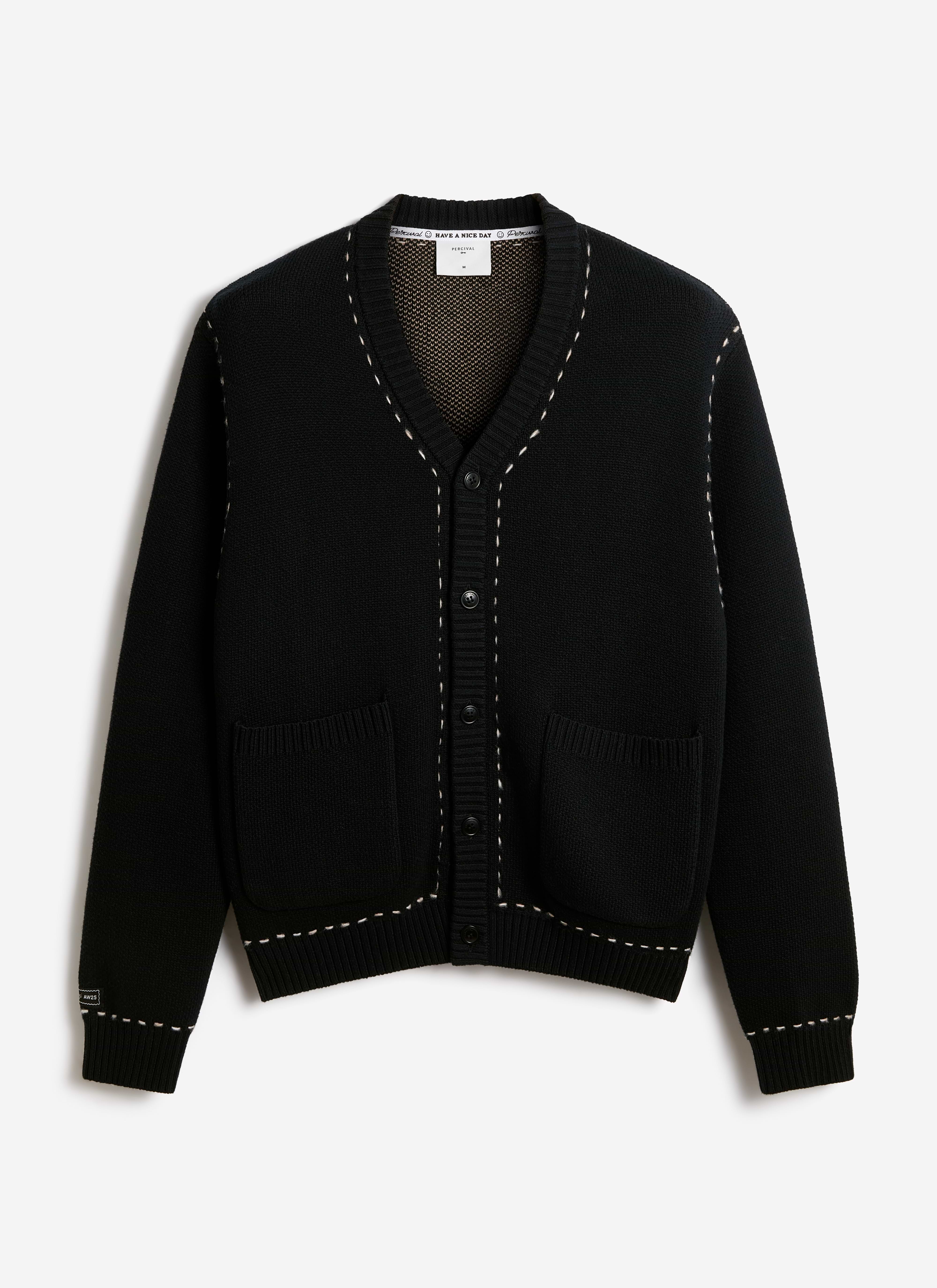 Black cotton Module Boxy Cardigan by Percival with white contrast stitching, patch pockets and a V-neck.
