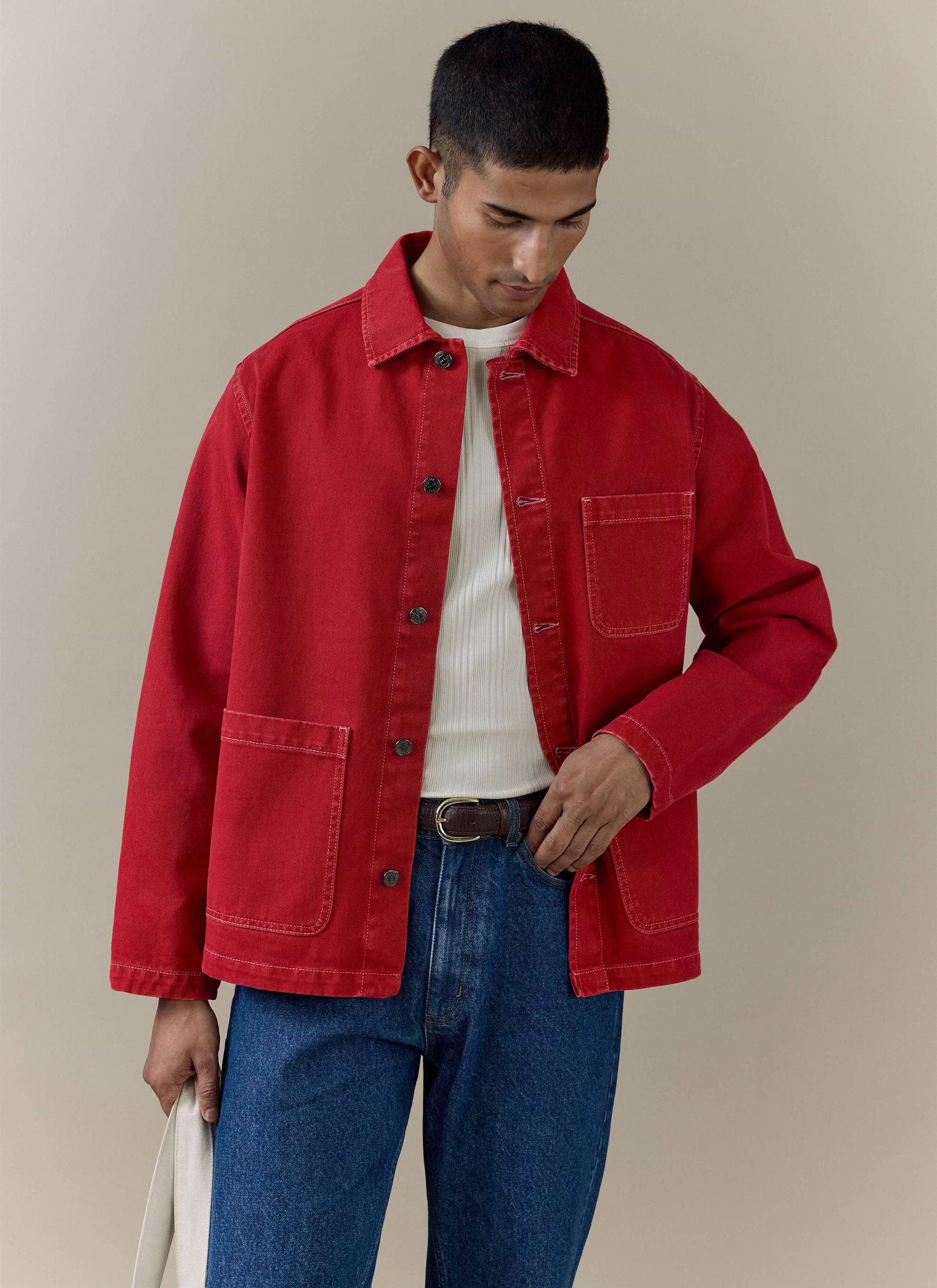 Red Percival Vintage Wash Oliver Chore Jacket in cotton canvas, featuring contrast white stitching and front pockets.