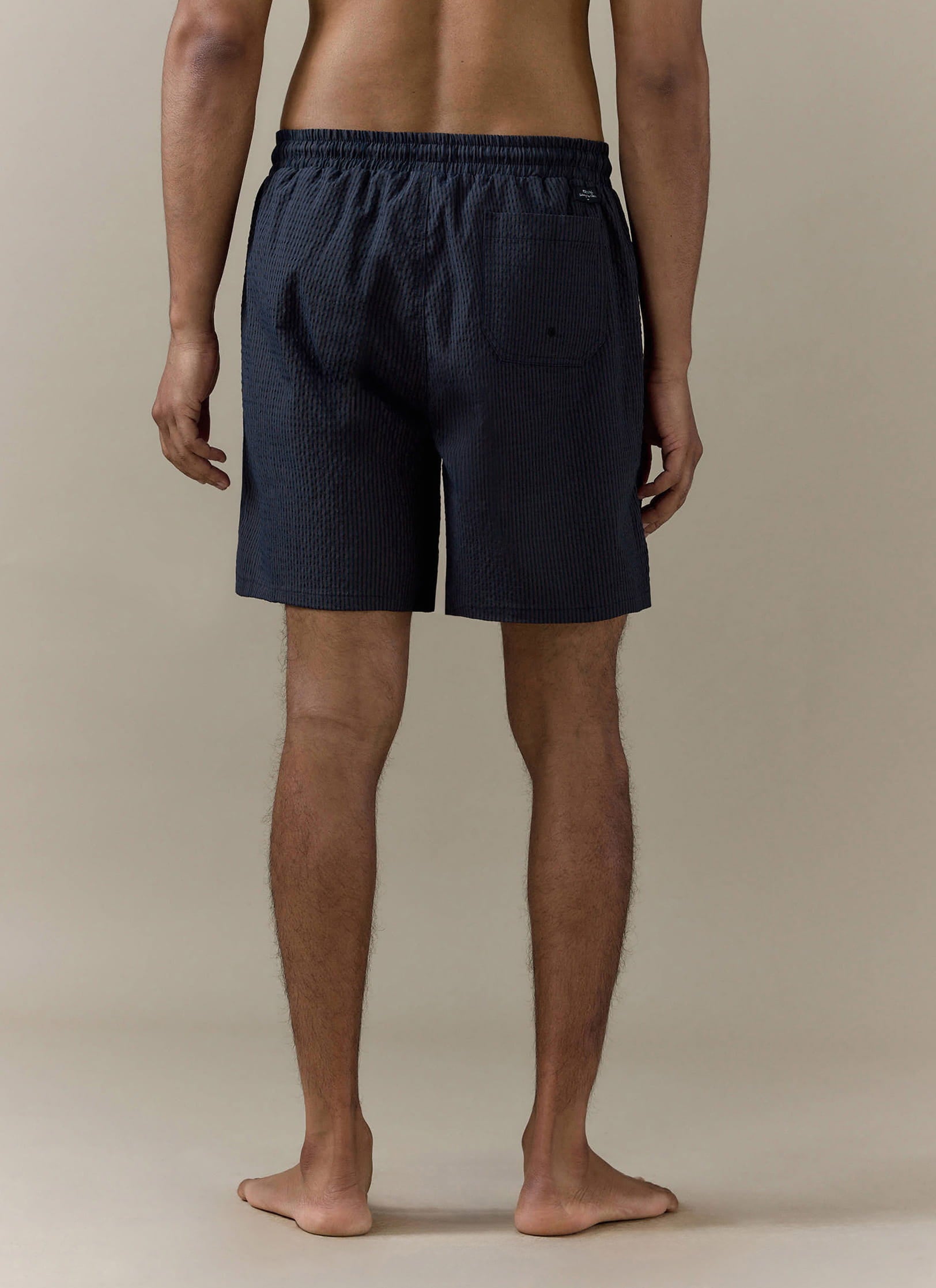 Percival Rowan Seersucker Swim Shorts in navy stripe, shown from the rear to highlight the texture and back pocket.