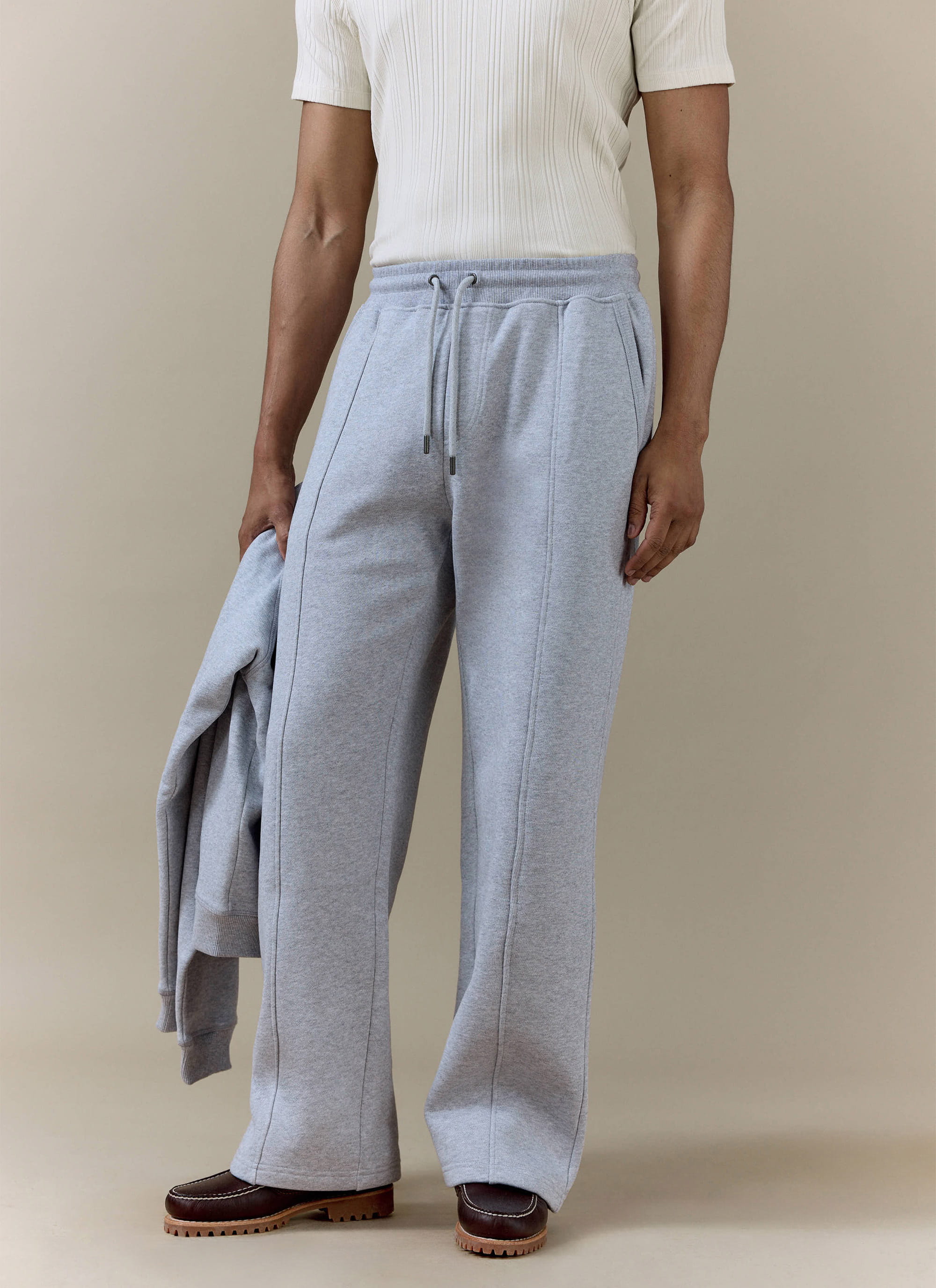 Percival Chronicle Straight Leg Trackpants in grey cotton jersey, featuring a drawstring waist and front seam detail.