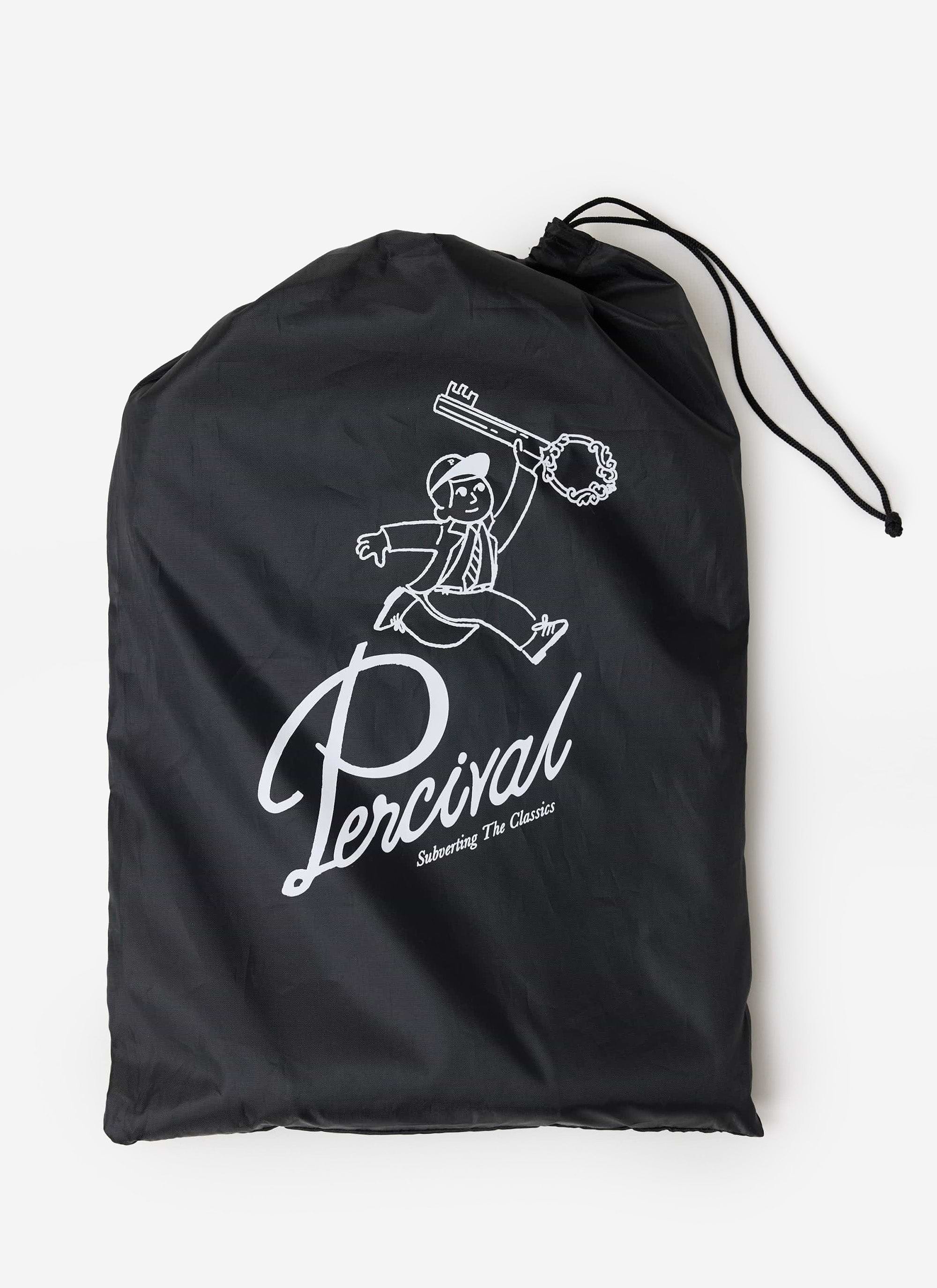 The black drawstring bag from Percival, featuring the brand's iconic logo and illustration, laid flat on a white surface.
