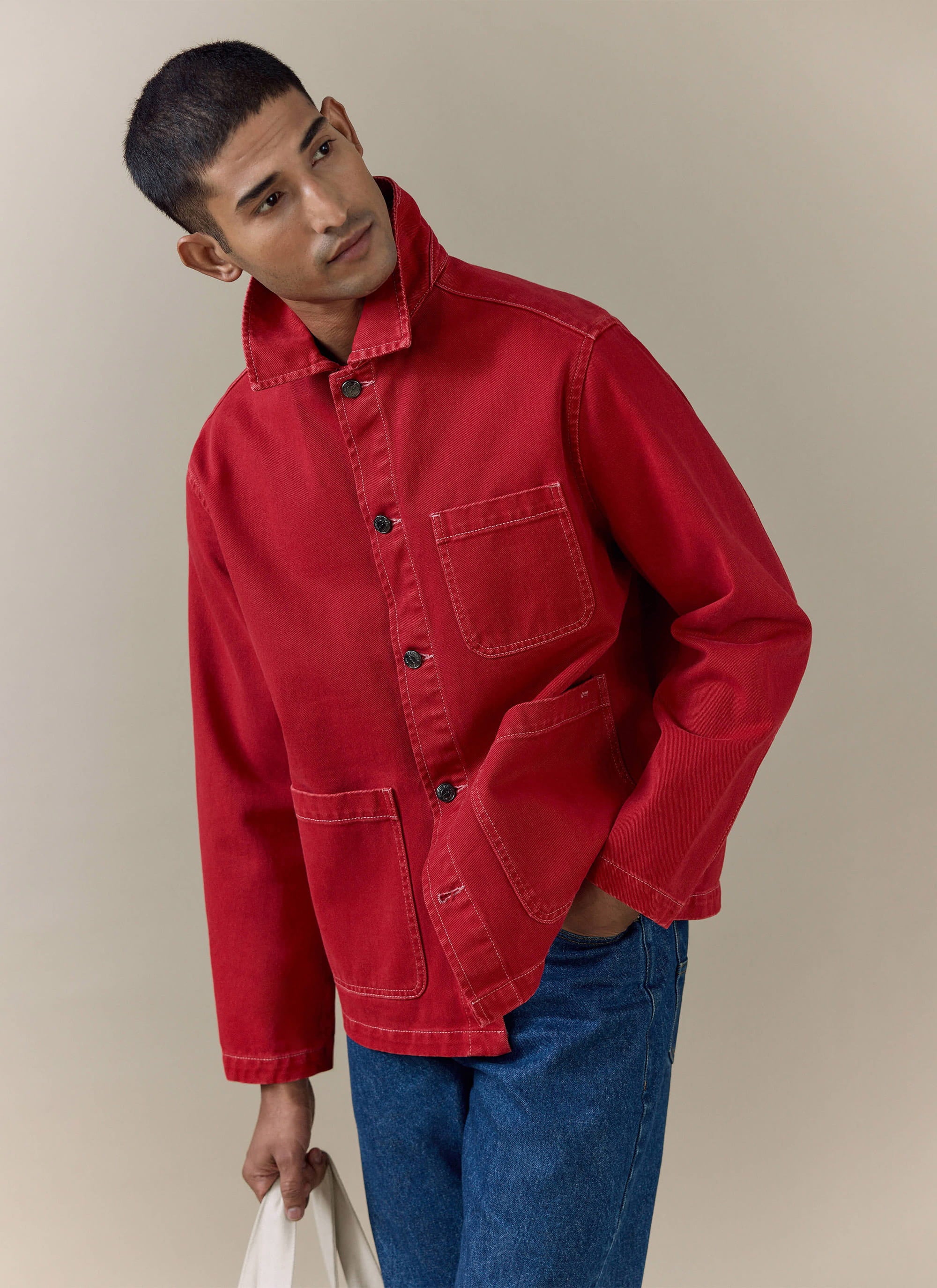Red cotton canvas Percival Vintage Wash Oliver Chore Jacket featuring white contrast stitching and utility pockets.