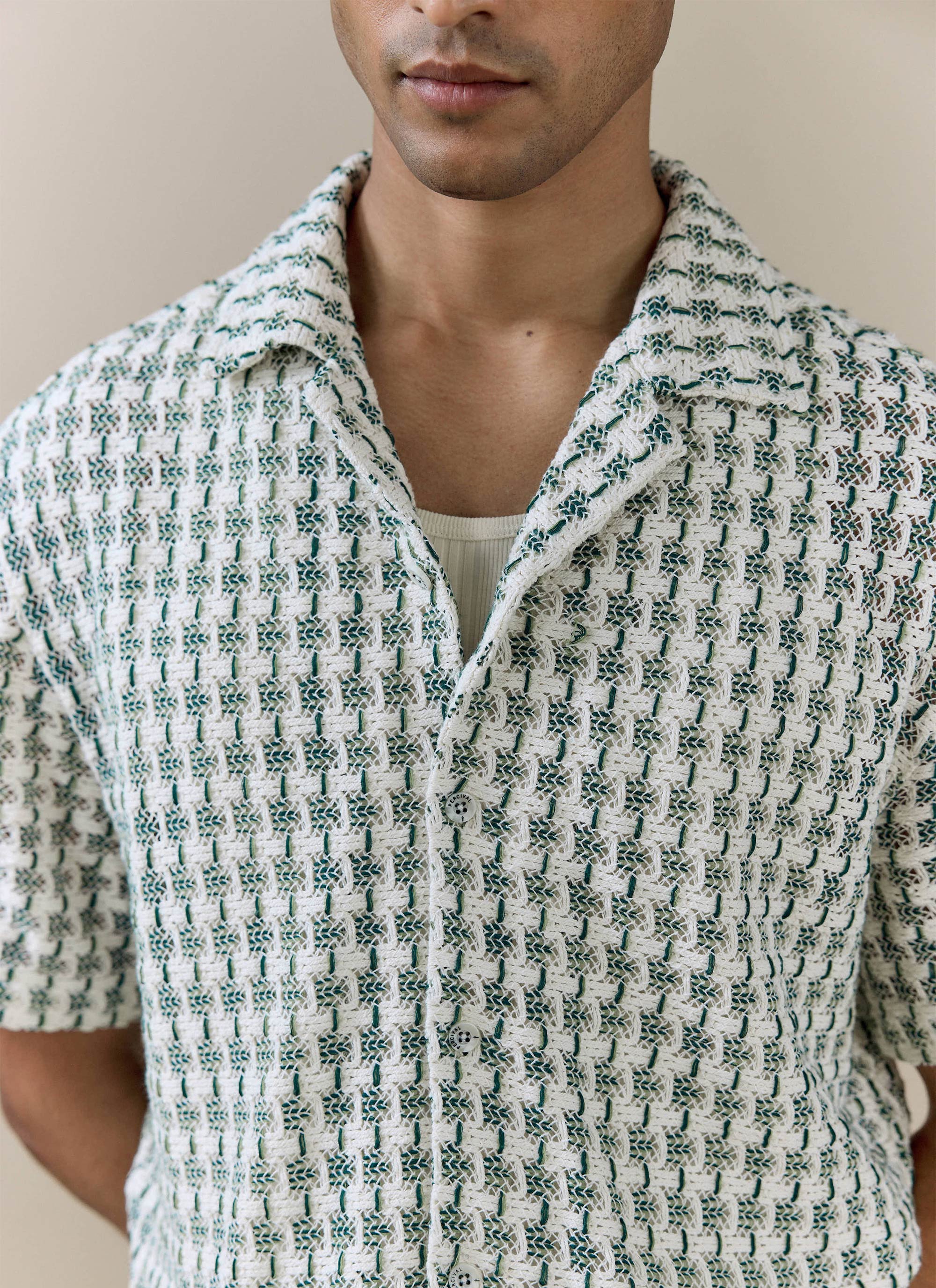 Close-up of the green Percival Freddie Crochet Boxy Shirt, showing the textured cotton knit and Cuban collar.